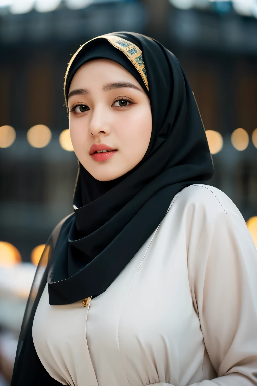 RAW photo of a 24 year old girl wearing hijab,office clothes, hijab face portrait, (( Mekah Ka'bah background)), 8k uhd, dslr, soft lighting, high quality, film grain, Fujifilm XT3, covered dress, decent dress, Giganitic tits 1:5