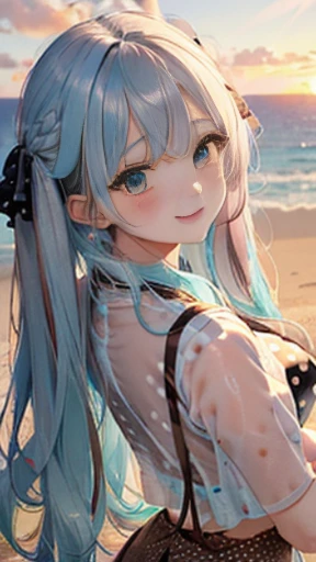 (Glasses)、The arrival of autumn、big butt、big butt、 Super detailed,bright colors, very beautiful detailed anime face and eyes,highest quality, hyper detail, masterpiece, look straight, ;shiny_skin,girl, ((long hair、gradation hair , Half white hair、Half light blue hair: 1.5)) 、forehead is exposed、shiny hair, delicate beautiful face, blush、(turquoise eyes), White skin, Valletta, mature earrings,、sandy beach、sunset、((ribbon、(polka dots、See-through brown mini skirt)))、twin tails、smile、happy face、face dyed red、dynamic、show off your butt