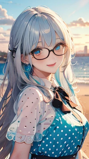 (Glasses)、The arrival of autumn、big butt、big butt、 Super detailed,bright colors, very beautiful detailed anime face and eyes,highest quality, hyper detail, masterpiece, look straight, ;shiny_skin,girl, ((long hair、gradation hair , Half white hair、Half light blue hair: 1.5)) 、forehead is exposed、shiny hair, delicate beautiful face, blush、(turquoise eyes), White skin, Valletta, mature earrings,、sandy beach、sunset、((ribbon、(polka dots、See-through brown mini skirt)))、twin tails、smile、happy face、face dyed red、dynamic、show off your butt