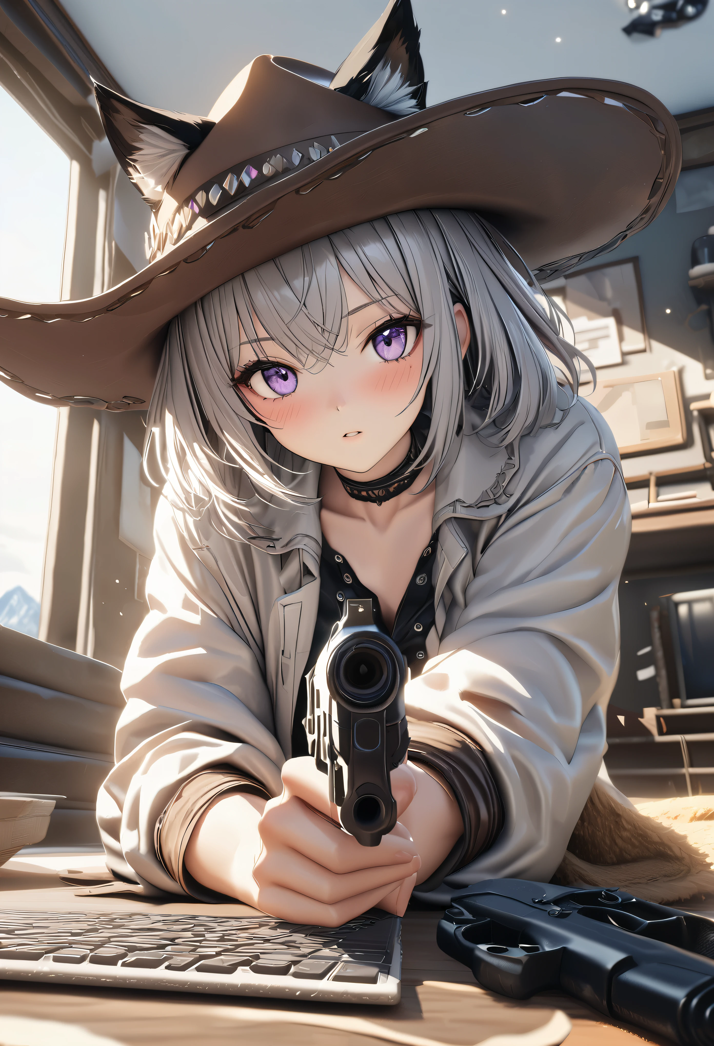 masterpiece,highest quality, Super detailed, High resolution, expensive resolution, HDR, 4k, 8K, unity 8k wallpaper, Super detailed CG, masterpiece, photo-realistic, 2D, 3D, beautiful details, depth, fine texture , super fine: 1.3, Fully focused, Crispy.skin, .he,
Very cute anime girl with 、Desolate wilderness、cowboy style costume、cowboy hat、cowboy boots、handgun、Mexican Wilderness、duel、Standing with a handgun、silver short hair wearing expensive , one girl、alone, silver short hair, animal ears, cat ears, cowboy style、cowboy hat、handgun、duel、cowboy boots、computer、disk、mole under the eye, looking at the viewer , expensive , blush, mole, cat ears, parted lips, hair ornaments, heart, Purple eyes, choker