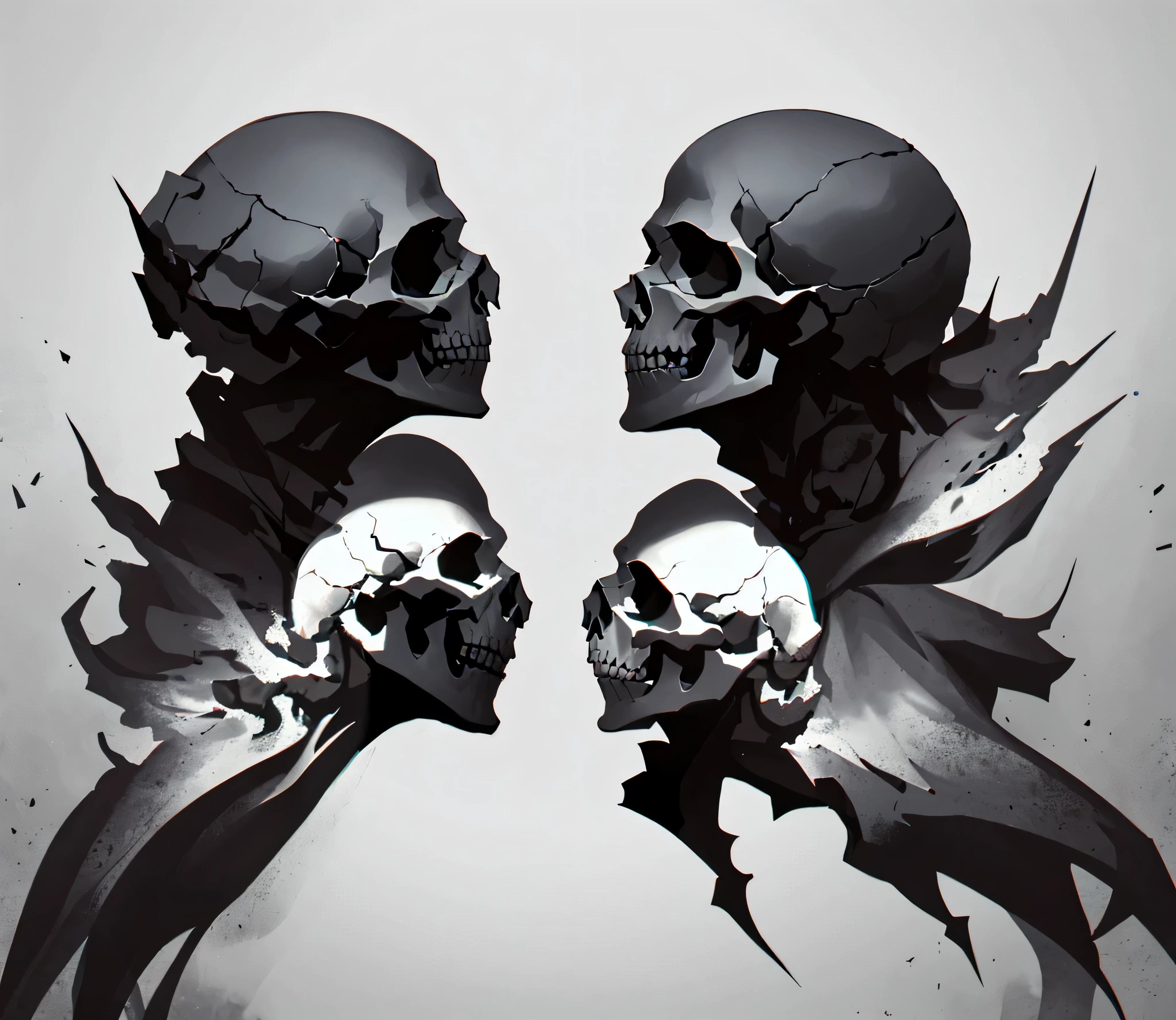 Two skulls facing each other，profile，Super fine，8K