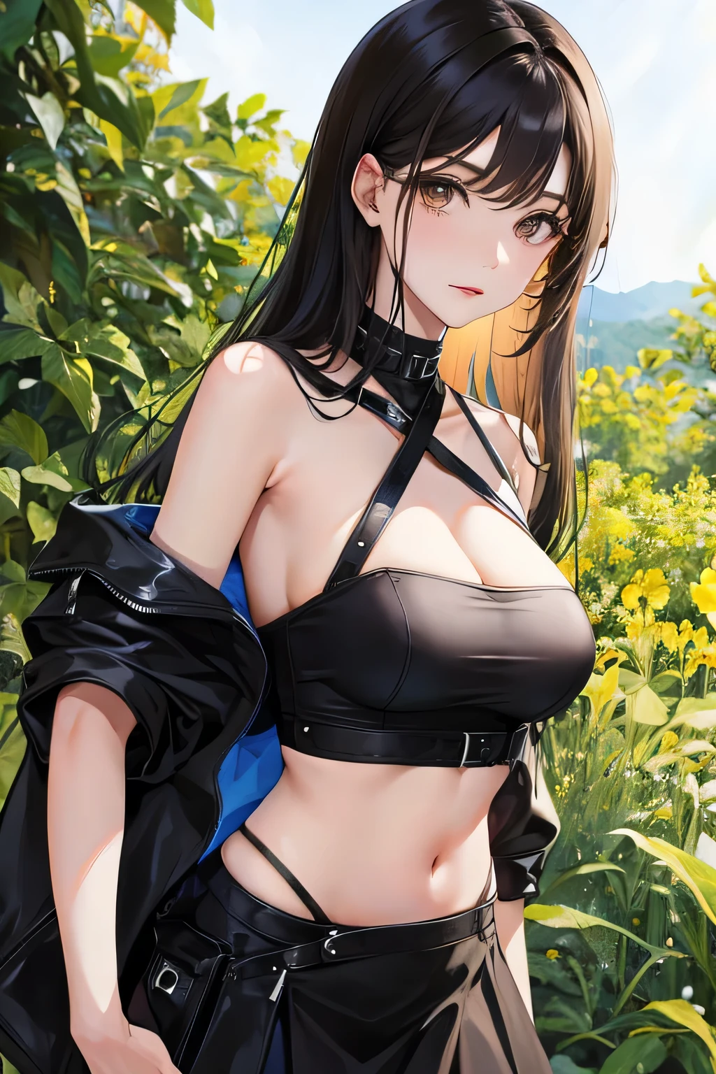 (Higher resolution, distinct image) beste-Qualit, A girl, Ёру, Masterpiece, Highly detailed, semi-realistic, black Long hair, dark brown eyes, black hair, Bangs, Young, tall and strong, Black crop tops, Black skirt, black straps, internal prerequisites, Cute, ah high, Beautiful, authoritative, Powerful, delicate facial features, Exquisite facial features, big breasts, defined waist, sniper, sniper, horny face