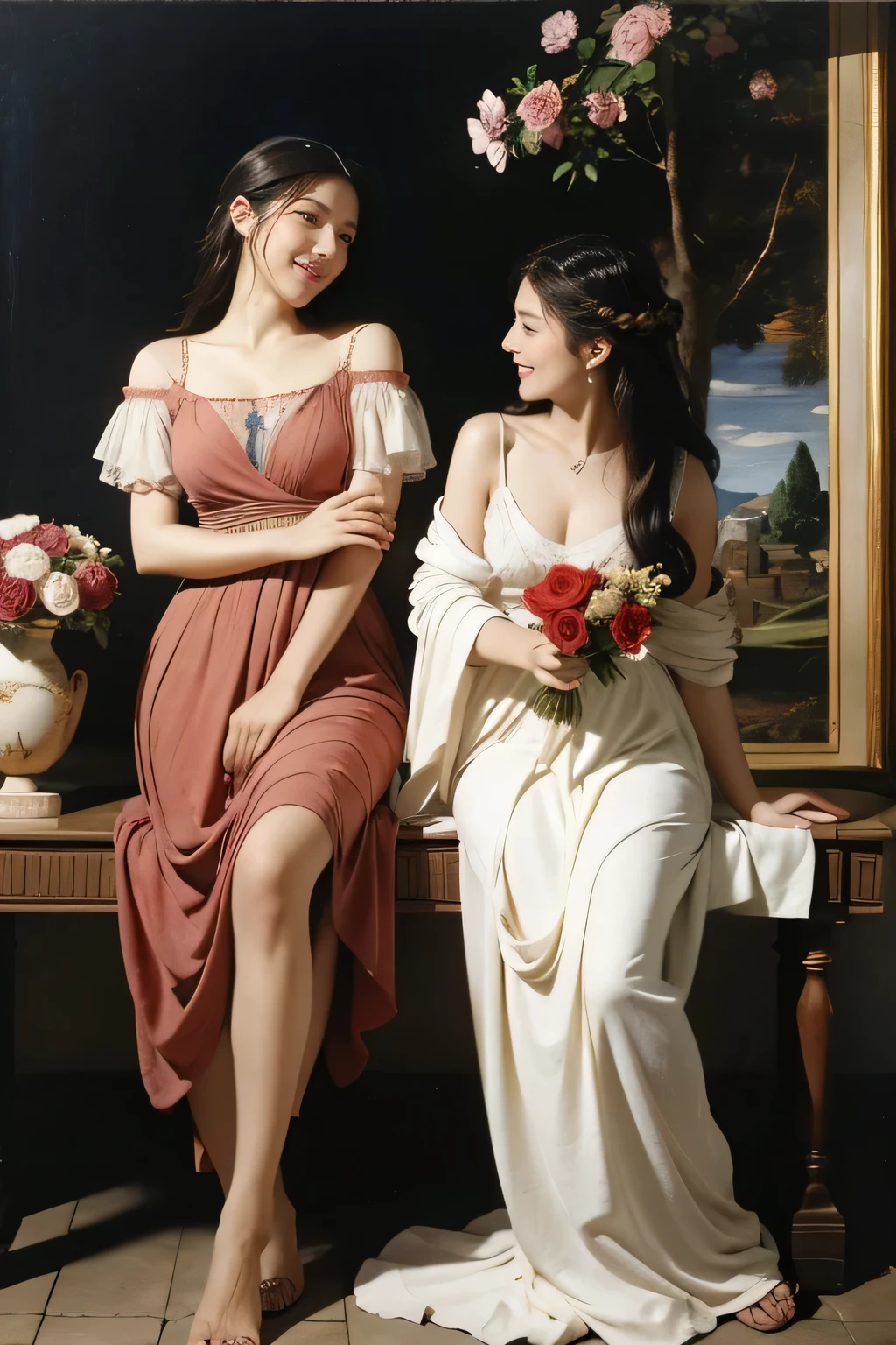 full body portrait or statue、Giorgione painting style,Arguments of two female Philosophe,math、astronomical machine、astronaut、roses in vase、fruits、Cute trinkets、smile、ancient greek costume、Ancient Roman landscape in the style of Nicolas Poussin,laughter,,Sweet and seductive appearance.、Caravaggio's paintings、Chiaroscuro of Caravaggio、hair tousled by the wind,Two women frolicking,cute smile, expression of ecstasy,Sexy,erotic
