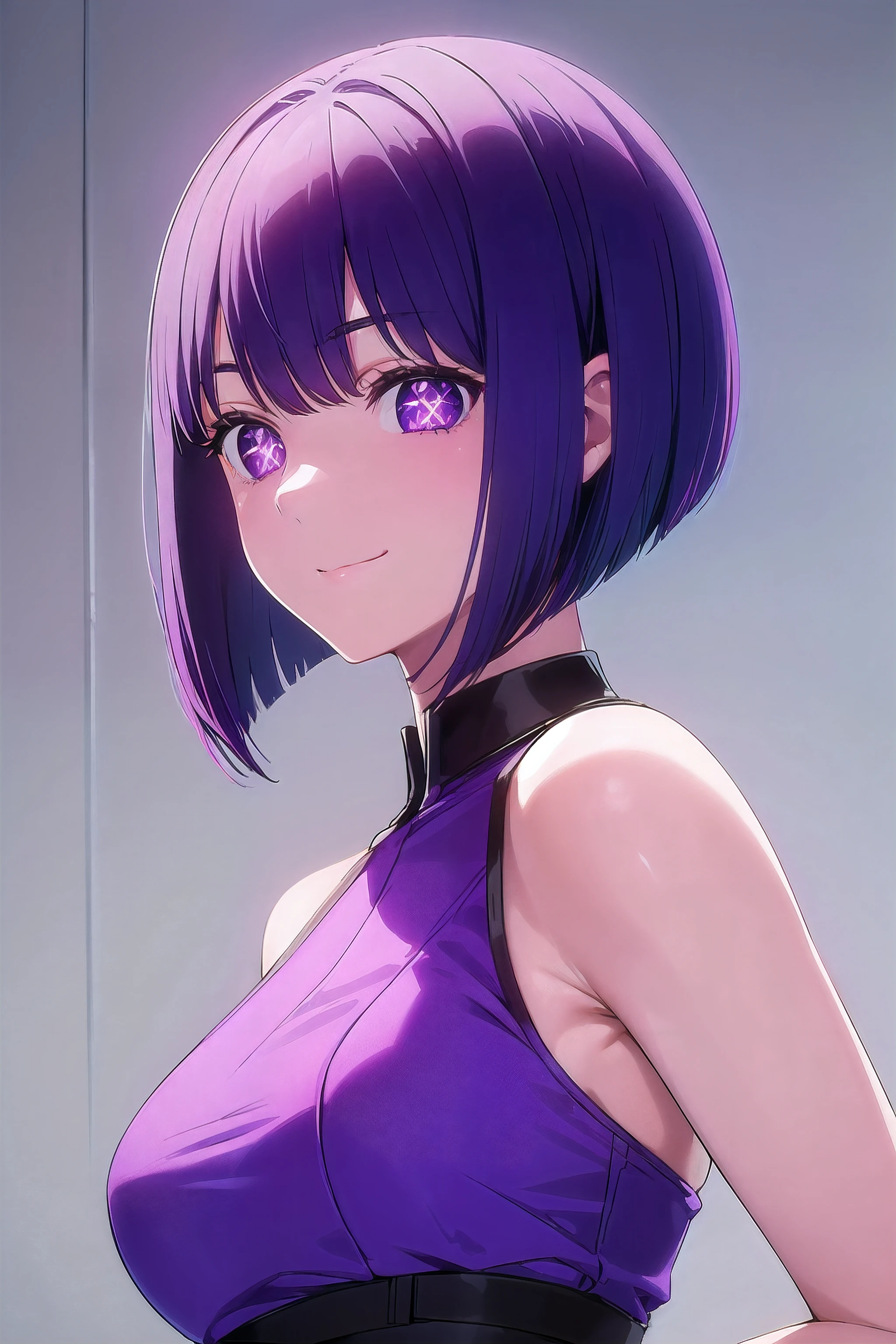 masterpiece, best quality, 1girl, solo, (purple eyes:1.1), purple hair, (symbol-shaped pupils:1.5), vibrant short hair, bobhair, short-hair, short bob hair, (((bobcut))), bob haircut, very short bob cut, lip length hair, blunt ends, (sliced_bob), buzzed nape ((haircut:1.3)), undercut, bobbed hair, minibob, sidecut, shaved, graduation bob, straight short hair, short hair above the ears, Shot diagonally from the side, looking at viewer, elegant braid, masterpiece, best quality, 1girl, medium breasts, wall, graffiti, smile, sleeveless