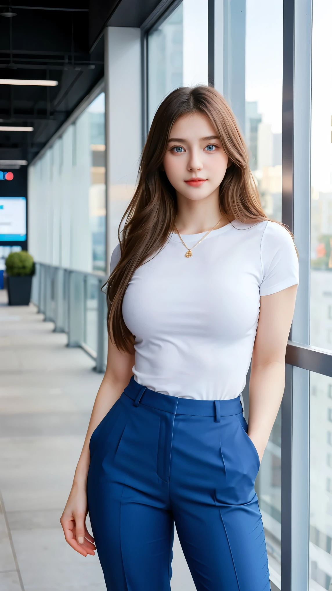 Gorgeus Girl, Beautiful, Baby Face, 20 Years Old, White Skin, Beside, Sexy Pose, business suits, Blue Eye, Muscles, Bokeh, Modern Place Background, Masterpiece, Fullbody Shot, woman trousers