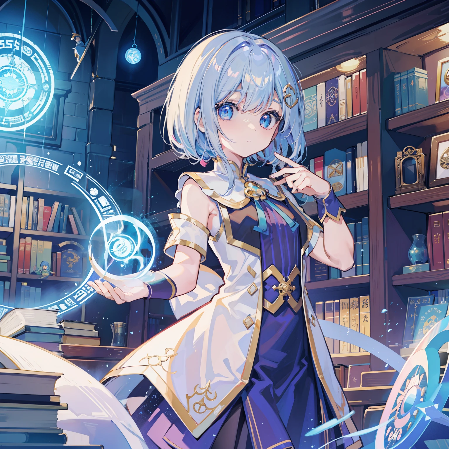 table top,very detailed,1 girl,alone,wonder、wonderな少女、perfection、wonderな雰囲気、No expression、spiral stage、Highly artistic、Magic circle on the floor、alot of magic circle、Countless Magic、((心臓の位置にFloating magic circle))、Are standing、library、Books in the air、book of magic、Android Girl、The magic of the heart、Girl working in library、Magic circle on chest、A magic circle appears from his chest.、Put an armband on one arm、Are standing、have a book、Magic at the heart、High quality、jewel eyes、face forward、put your hand on your chest、Floating magic circle、Cover the chest with magic、Lots of bookshelves、Library、Room with books