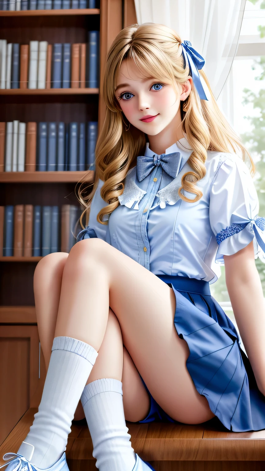 Woman sitting alone in the library、Seductive look、take off your skirt、show off your、White shirt with blue floral pattern、blue bow tie、Blue ruffle skirt、Wear white ankle-length socks、no shoes、White light background,blond,Very long hair,curls,blue eyes,Smile
