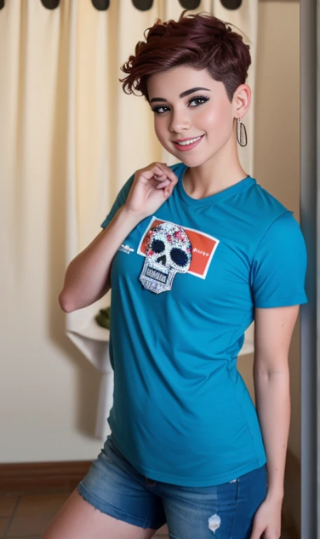 Photo oF a 17 year-old American girl, beautiFul woman,  light brown hair pixie , corte de cabello pixie , light brown hair((retrato)), ((Cara detallada:1.2)), ((Detailed Facial Features)), (Piel Finamente detallada), pale skin , pecas en mejillas , ojos azules , 、un sexy(color fresco), wet, wet, ReFlectoreasutepiece) (proporciones perFectaotos realistas)(La mejor calidad) (Detallado) FotograFiado con una EOS R5 de Canon, lente de 50 mm, F/2.8, NFFSW, (8K) (papel tapiz) (cinematic lighting) (dramatic lighting) (sharp Focus) (Enrevesado) senos grandes , pechos grandes , pecas en mejillas , cuerpo completo , hermoso cuerpo de adolesente , posando sexy a la camara , posando de Frente para la camara ,lindo maquillaje , linda sonrisa , Fondo variado , pecas en mejillas , aretes de clip , hermosos ojos azules , viste camiseta purpura sin mangas con imagen de calavera , cinturon blanco , falda color lila con patrones de cuadros , botas largas con tacon , foto de cuerpo completo , pose sexy , maquillaje , labios rojos , sombra de ojos morado