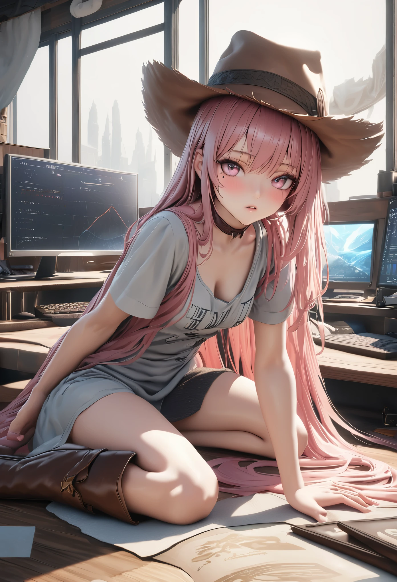 masterpiece,highest quality, Super detailed, High resolution, expensive resolution, HDR, 4k, 8K, unity 8k wallpaper, Super detailed CG, masterpiece, realistic, 2D, 3D, beautiful details, depth, fine texture , super fine: 1.3, Fully focused, Crispy.skin, .he,
Very cute anime girl 、cowboy styleの衣装、cowboy hat、cowboy boots テキカン 荒野、duel、long swordを持つ、Pink semi-long hair wearing expensive , one girl、alone, Pink semi-long hair,  cowboy style、cowboy hat、long sword、duel、cowboy boots、computer、disk、mole under the eye, looking at the viewer , expensive , blush, mole, parted lips, hair ornaments, heart, pink eyes, choker