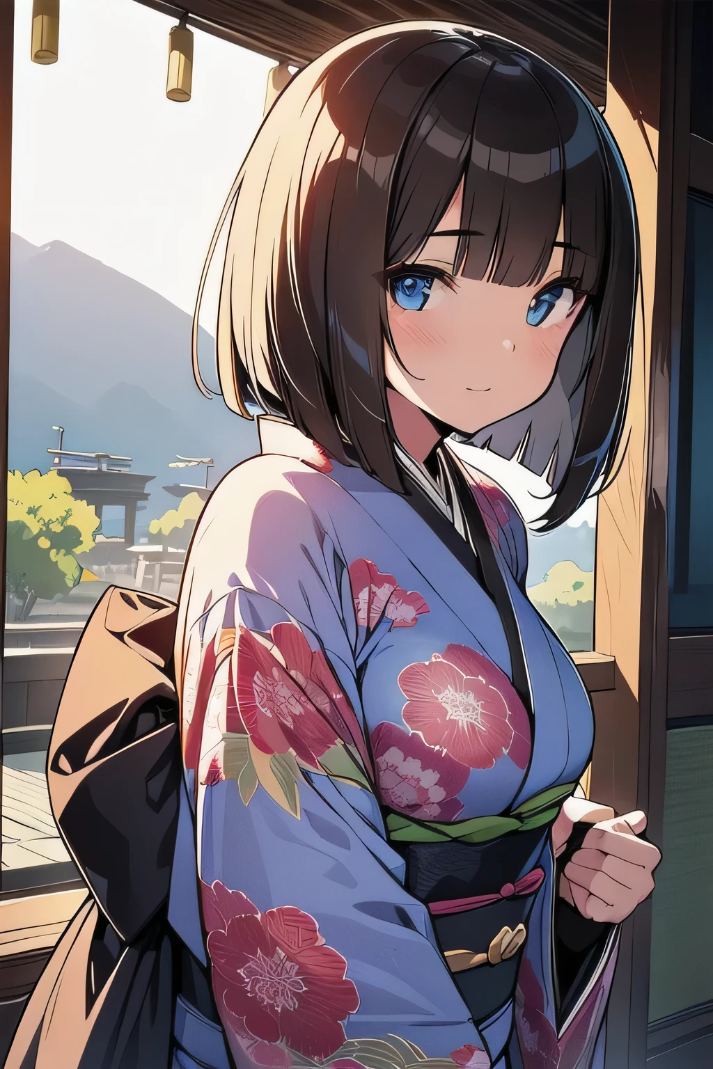 (best quality), (Super detailed), (Best Illustration), (beautiful girl), (kimono:1.3), look at viewer, (beautiful large breasts), brown hair, (bob cut:1.3), curly hair, hairs between eyes, blue eyes,