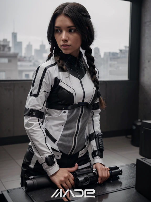 Black and white techwear style, two Guns, bionic arm, HD, photo hyper réaliste, beaucoup de détails, haircut with verry long braid, futurist indoor, futurist indoor, sniper riflle,