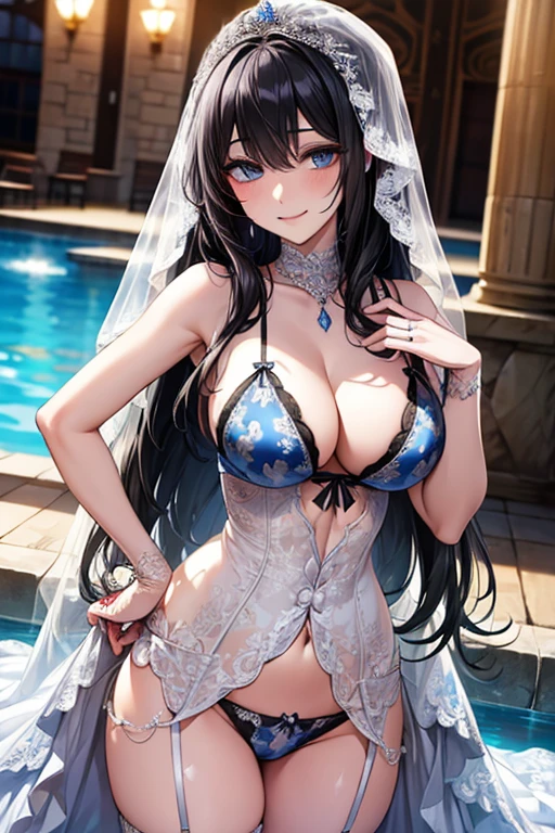 (((Black hair))), long hair, blue eyes, sexy, large breasts, beautiful body, masterpiece, smile, (((wedding dress print lingerie))), sexy lingerie, hotel swimming pool,busty, buxom, curvy, voluptuous