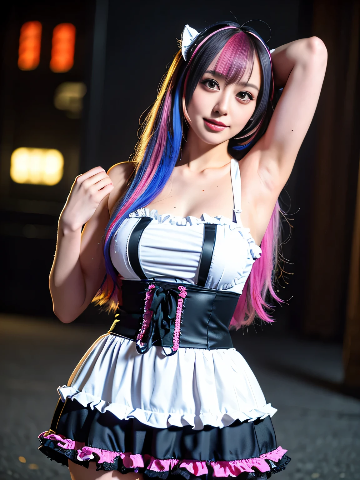 (best quality:1.2), (realistic, photo-realistic:1.3), (masterpiece:1.1), smile, (sexy pose:1.1), (armpit:1.3), (thicc:1.2), (multicolored hair:1.2), (cyberpunk neon lights:1), (cinematic natural light effects:1.2), gal.safetensors, (lolita fashion:1.3)