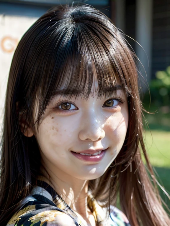 There is a young woman with long hair and a floral shirt., japanese teen portrait, beautiful japanese girl face, young adorable korean face, Close up of young anime girl, Cute girl - well-groomed face, face of young cute asian man, cute natural anime face, detailed face of asian girl, asian young girl, Japanese facial features