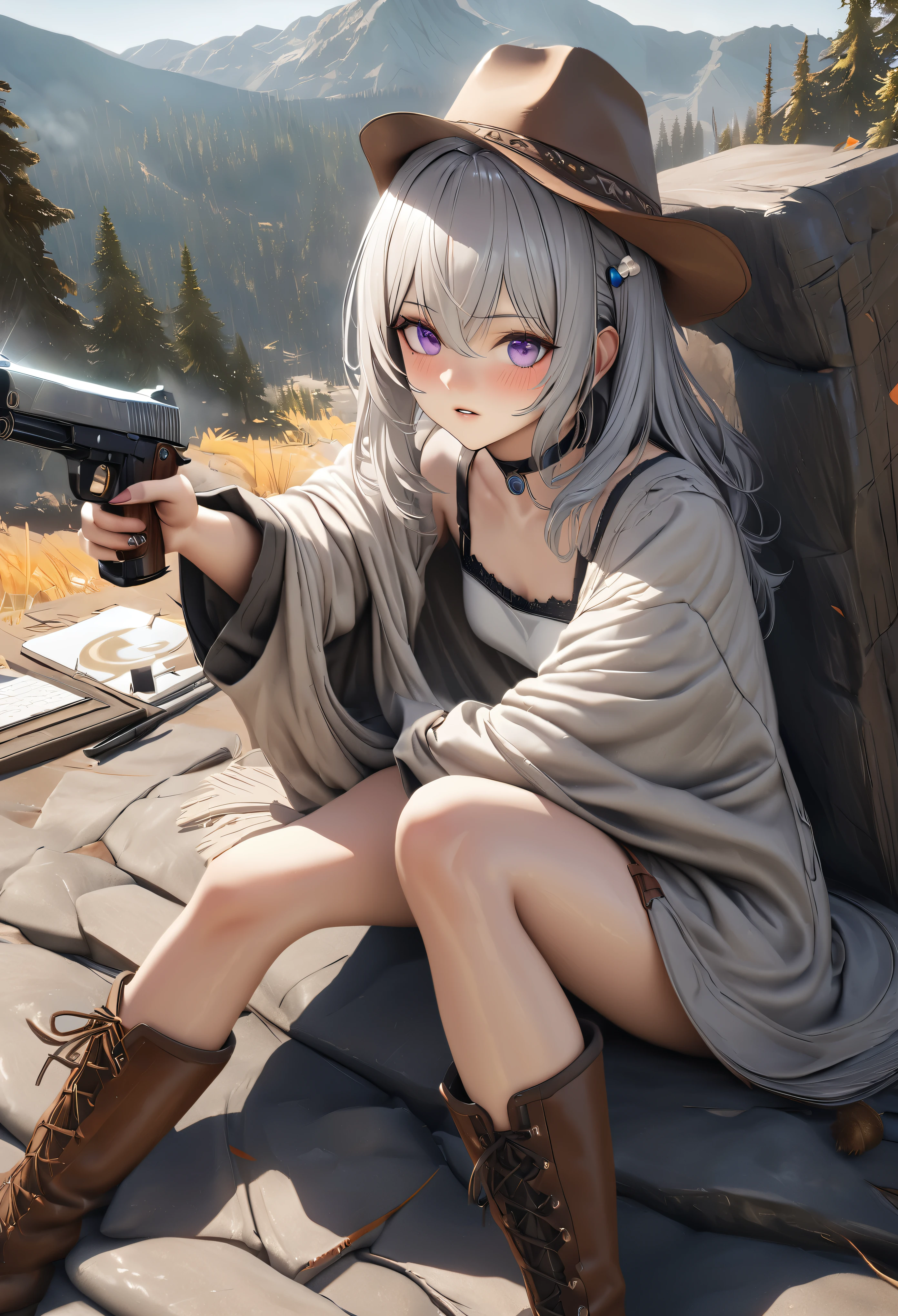masterpiece,highest quality, Super detailed, High resolution, expensive resolution, HDR, 4k, 8K, unity 8k wallpaper, Super detailed CG, masterpiece, realistic, 2D, 3D, beautiful details, depth, fine texture , super fine: 1.3, Fully focused, Crispy.skin, .he,
Very cute anime girl 、Desolate wilderness、cowboy style costume、cowboy hat、cowboy boots、hand gun、mexican wilderness、duel、Standing with a hand gun、long silver hair wearing expensive , one girl、alone, long silver hair, animal ears, Cat ear, cowboy style、cowboy hat、hand gun、duel、cowboy boots、computer、disk、mole under the eye, looking at the viewer , expensive , blush, mole, Cat ear, parted lips, hair ornaments, heart, purple eyes, choker