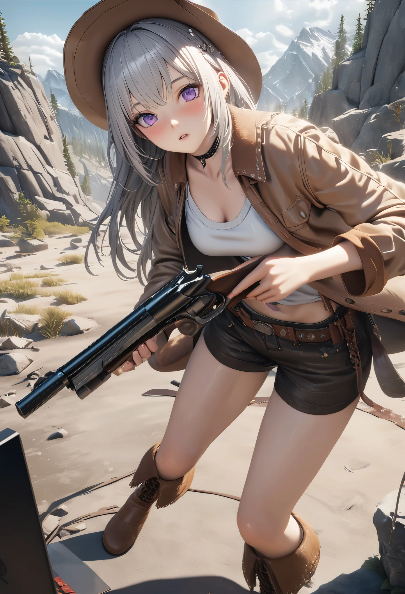 masterpiece,highest quality, Super detailed, High resolution, expensive resolution, HDR, 4k, 8K, unity 8k wallpaper, Super detailed CG, masterpiece, realistic, 2D, 3D, beautiful details, depth, fine texture , super fine: 1.3, Fully focused, Crispy.skin, .he, Very cute anime girl 、Desolate wilderness、cowboy styleの衣装、cowboy hat、cowboy boots、hand gun、mexican wilderness、duel、hand gunを持って立っている、long silver hair wearing expensive , one girl、alone, long silver hair, cowboy style、cowboy hat、hand gun、duel、cowboy bootole under the eye, looking at the viewer , expensive , blush, mole, parted lips, hair ornaments, heart, purple eyes, choker