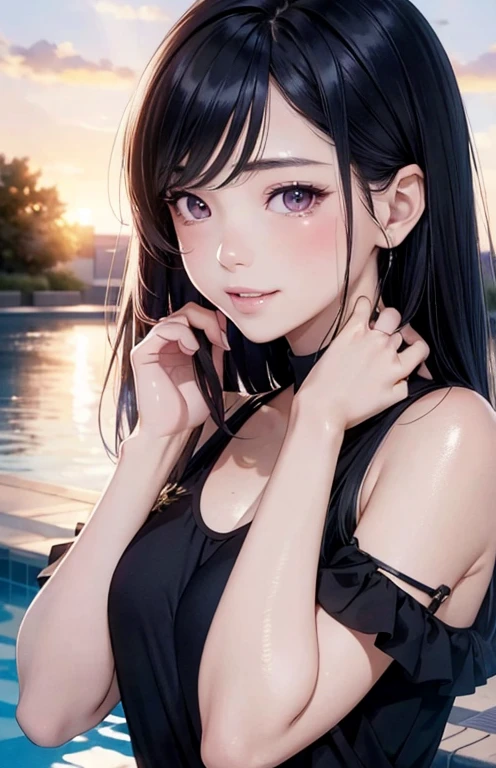 masterpiece、highest quality、High resolution、high quality images、8K, 1 female、skin luster、Texture of skin and clothing、Expression of fine eyes、shiny blue hair,long hair girl, Manga inspired by Lee Jong-suk, trending on deviantart, realism, detailed manga style, manga art style, perfect line drawing, beautiful line drawing, digital manga art girl, K-POPアイドル, dress, beautiful pink eyes, plump lips, detailed gorgeous face, (cute smile), charm, innocent, Side view, (perfectly detailed face), (fine hands) photorealistic images, Depth of written boundary, half up hairstyle, warm sunshine,school swimwear,cloud,sky sky,sunset ,pool,The skin is delicate,