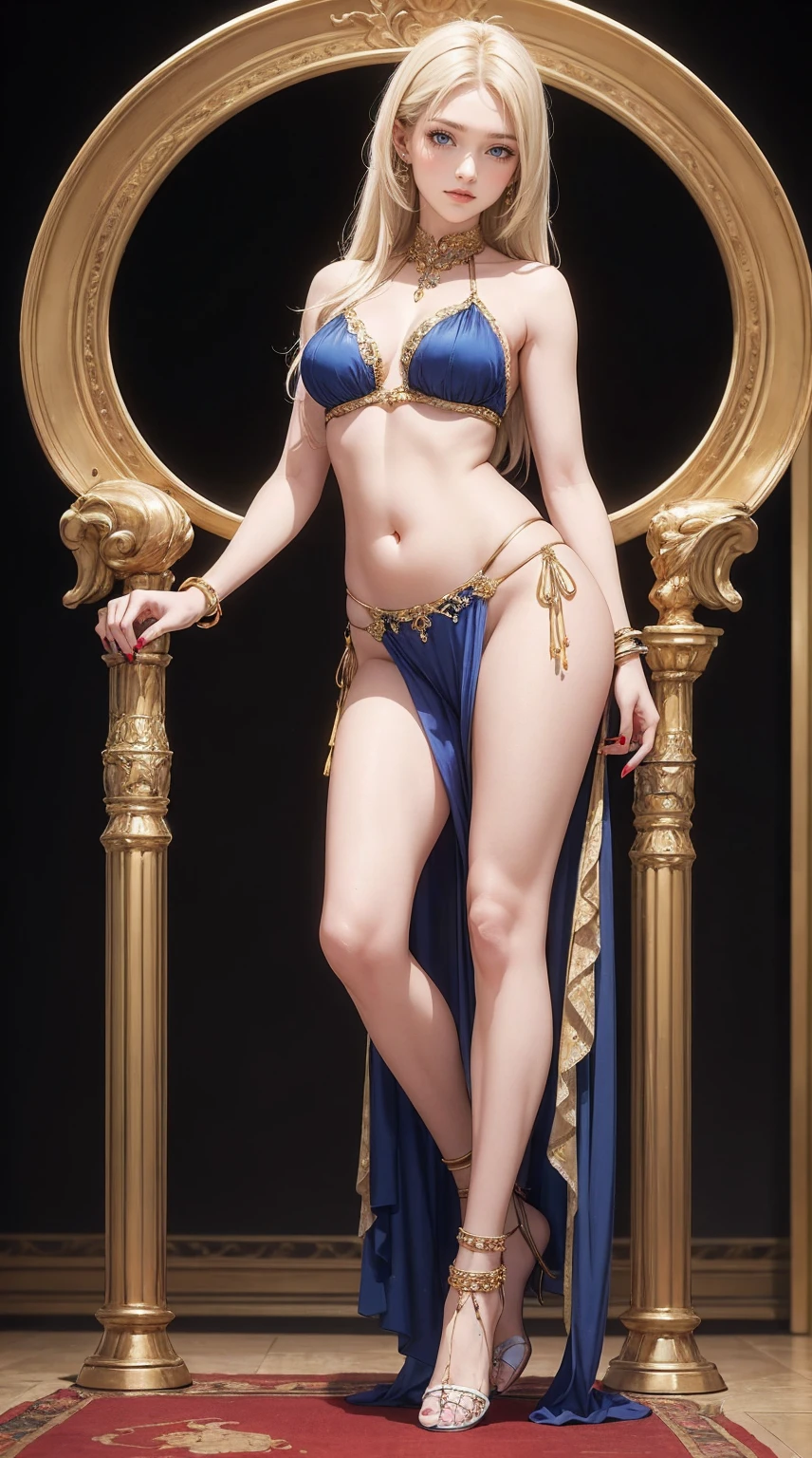 ((最high quality, 8K, masterpiece: 1.3, Ultra HD, high quality, 最high quality, High resolution, realism)) 、A 22-year-old extremely beautiful white woman、Hair color blonde、blue eyeedium hair、straight hair、smile、Slender but well-proportioned muscular body、Athlete-like body type、I don&#39;t want my head to disappear from the screen.、Wearing accessories on your wrist、Put an anklet on your ankle、Wearing red nail polish、I have a peticure、Belly dancer、It&#39;s unparalleled、Art Nouveau landscape on a black background、bewitching look、Erotic Tech((erotic))Costumes、Belly Dancing