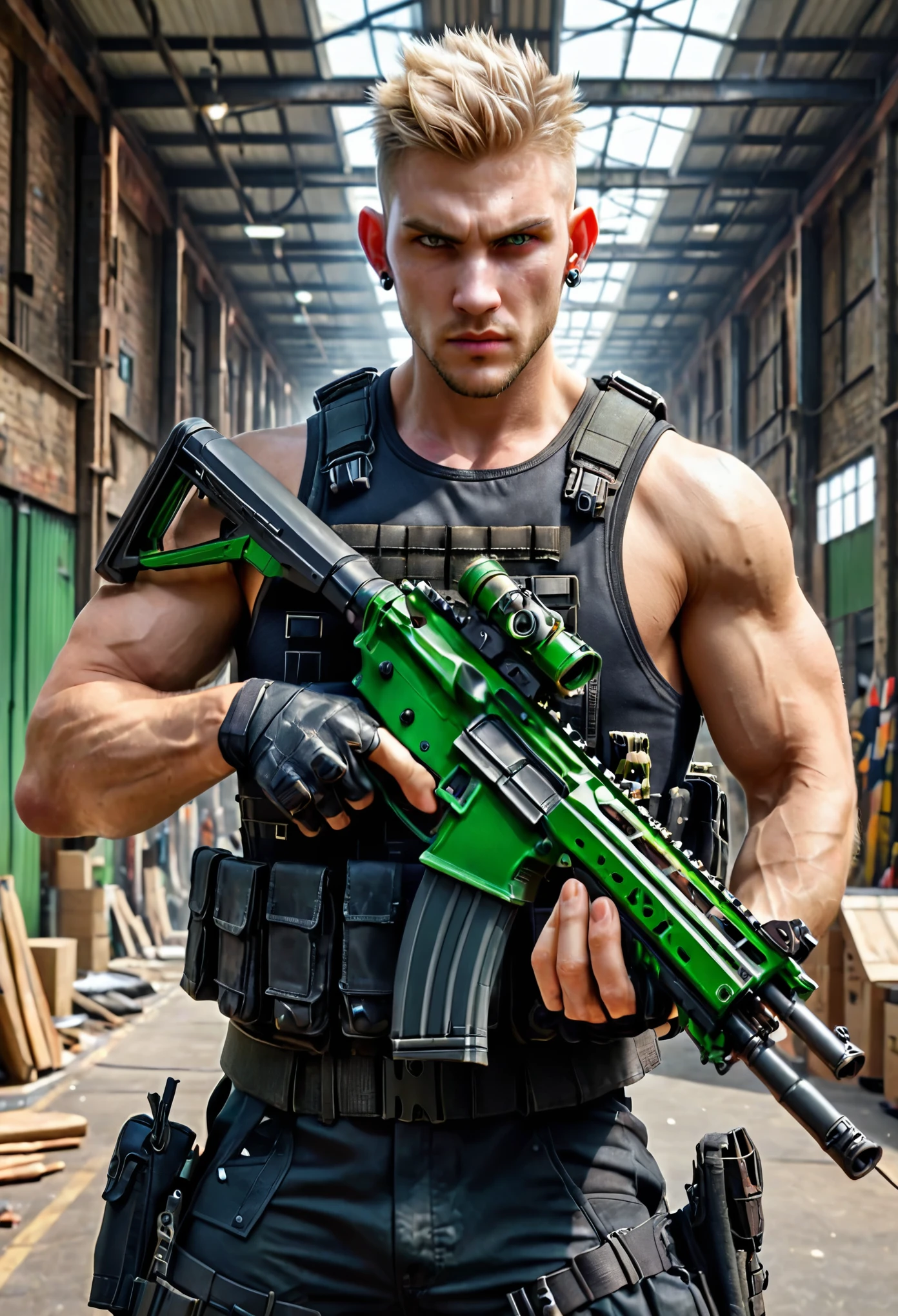 masterpiece, best quality, solo, solo focus, blonde hair, crew cut, spiky hair, combed back hair, green eyes, circle earrings, evil smirk, mercenary, australian, male focus, using weapon, assault rifle, danger atmosphere, load-bearing vest, ammunition belt, tactical gloves, city warehouse, indoors, afternoon
