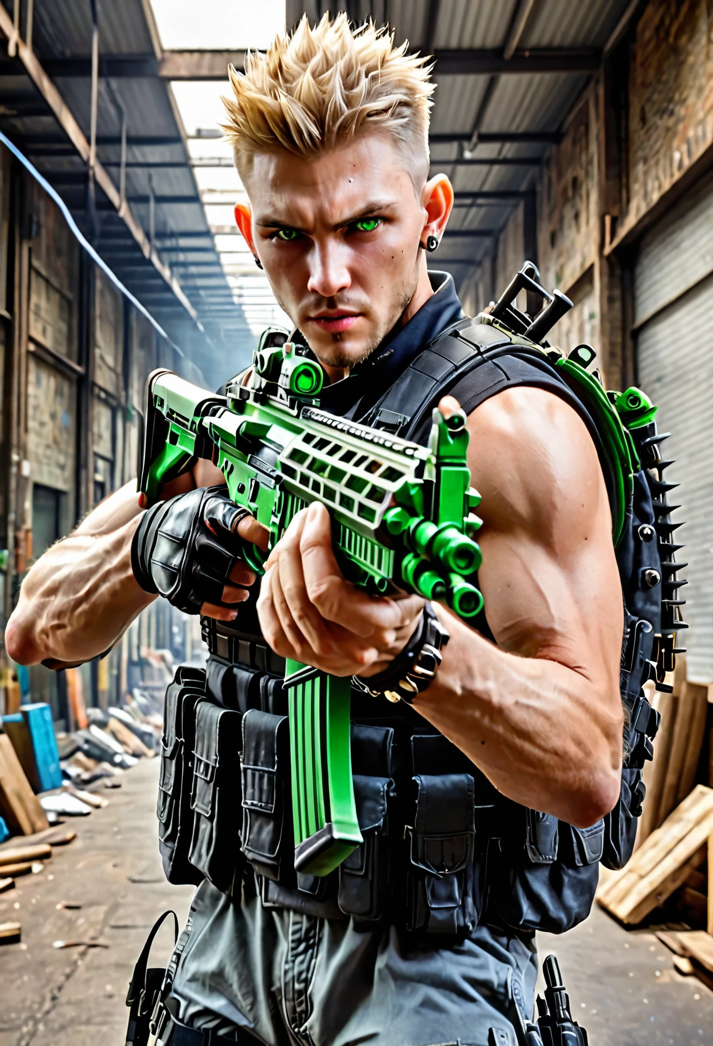 masterpiece, best quality, solo, solo focus, blonde hair, crew cut, spiky hair, combed back hair, green eyes, circle earrings, evil smirk, mercenary, australian, male focus, using weapon, assault rifle, danger atmosphere, load-bearing vest, ammunition belt, tactical gloves, city warehouse, indoors, afternoon