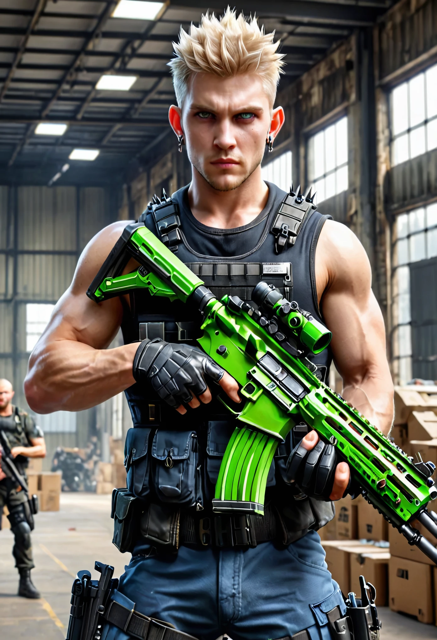 masterpiece, best quality, solo, solo focus, blonde hair, crew cut, spiky hair, combed back hair, green eyes, circle earrings, evil smirk, mercenary, australian, male focus, using weapon, assault rifle, danger atmosphere, load-bearing vest, ammunition belt, tactical gloves, city warehouse, indoors, afternoon