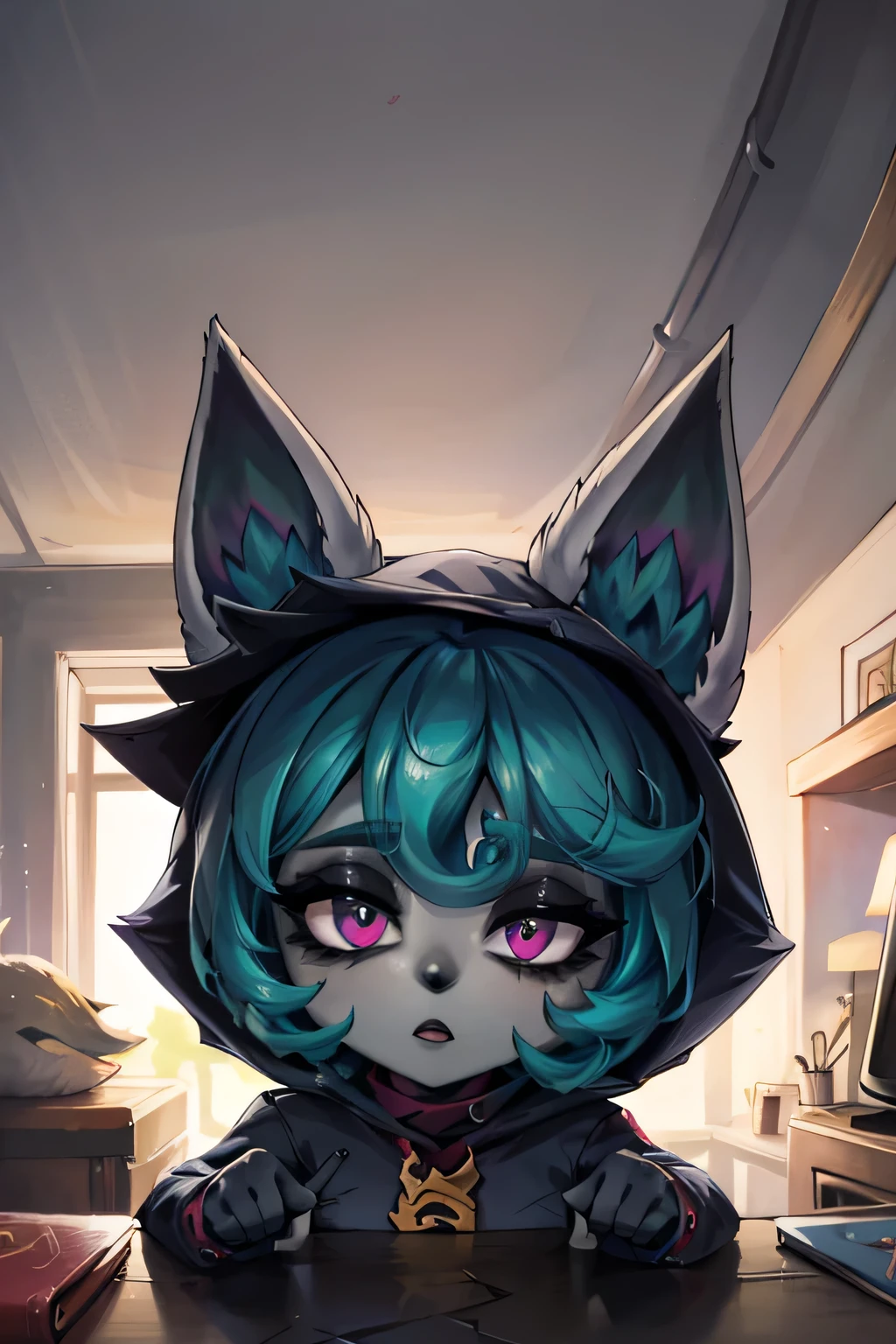 1Yordle, Vex (League of Legends), solo, cabelo verde, orelhas de animais, franja, capuz, cabelo curto, olhos rosa, (pele colorida), (pele cinza), (Pele escura) , ears through headwear, mangas compridas, peludo, corpo inteiro, casa, interior, cama, pov, solo, Front view
