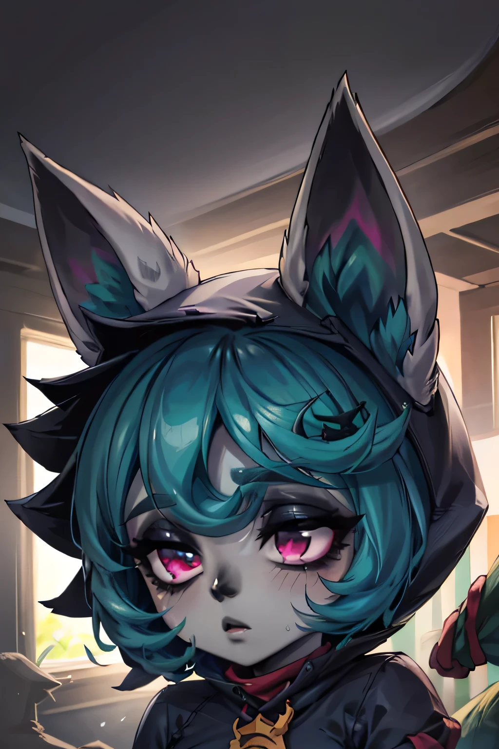 ***rdle, Vex (League of Legends), solo, cabelo verde, orelhas de animais, franja, capuz, cabelo curto, olhos rosa, (pele colorida), (pele cinza), (Pele escura) , ears through headwear, mangas compridas, peludo, casa, interior, cama, Front view
