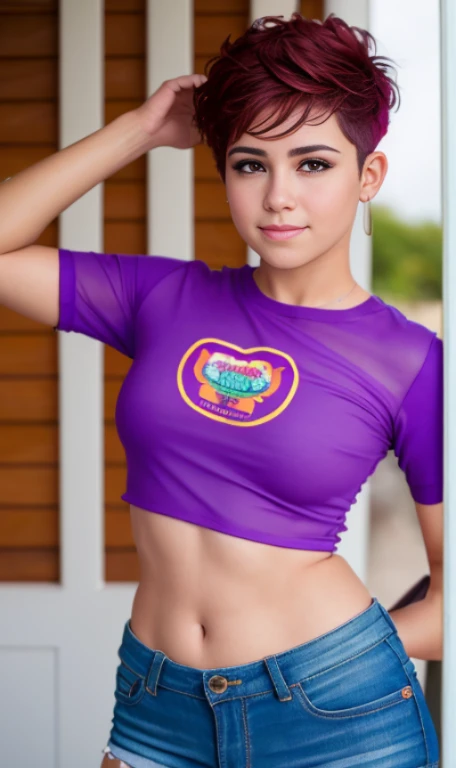 Photo of a 15 year old American girl., .CRUDO, Mujer hermosa,  light brown hair pixie , corte de cabello pixie , light brown hair((retrato)), ((Cara detallada:1.2)), ((rasgos faciales detallados)), (Piel Finamente detallada), pale skin , pecas en mejillas , ojos azules , 、un sexy(color fresco), wet, wet, Reflector pieza bonita) (proporciones perFectaotos realistas)(La mejor calidad) (Detallado) FotograFiado con una EOS R5 de Canon, lente de 50 mm, F/2.8, nffsw, (8K) (papel tapiz) (cinematic lighting) (dramatic lighting) (sharp focus) (Enrevesado) senos grandes , pechos grandes , pecas en mejillas , cuerpo completo , hermoso cuerpo de adolesente , posando sexy a la camara , posando de frente para la camara ,lindo maquillaje , gran sonrisa , Fondo variado , pecas en mejillas , aretes de clip , hermosos ojos azules , viste camiseta purpura sin mangas con imagen de calavera , cinturon blanco , falda color lila con patrones de cuadros , botas largas con tacon , 