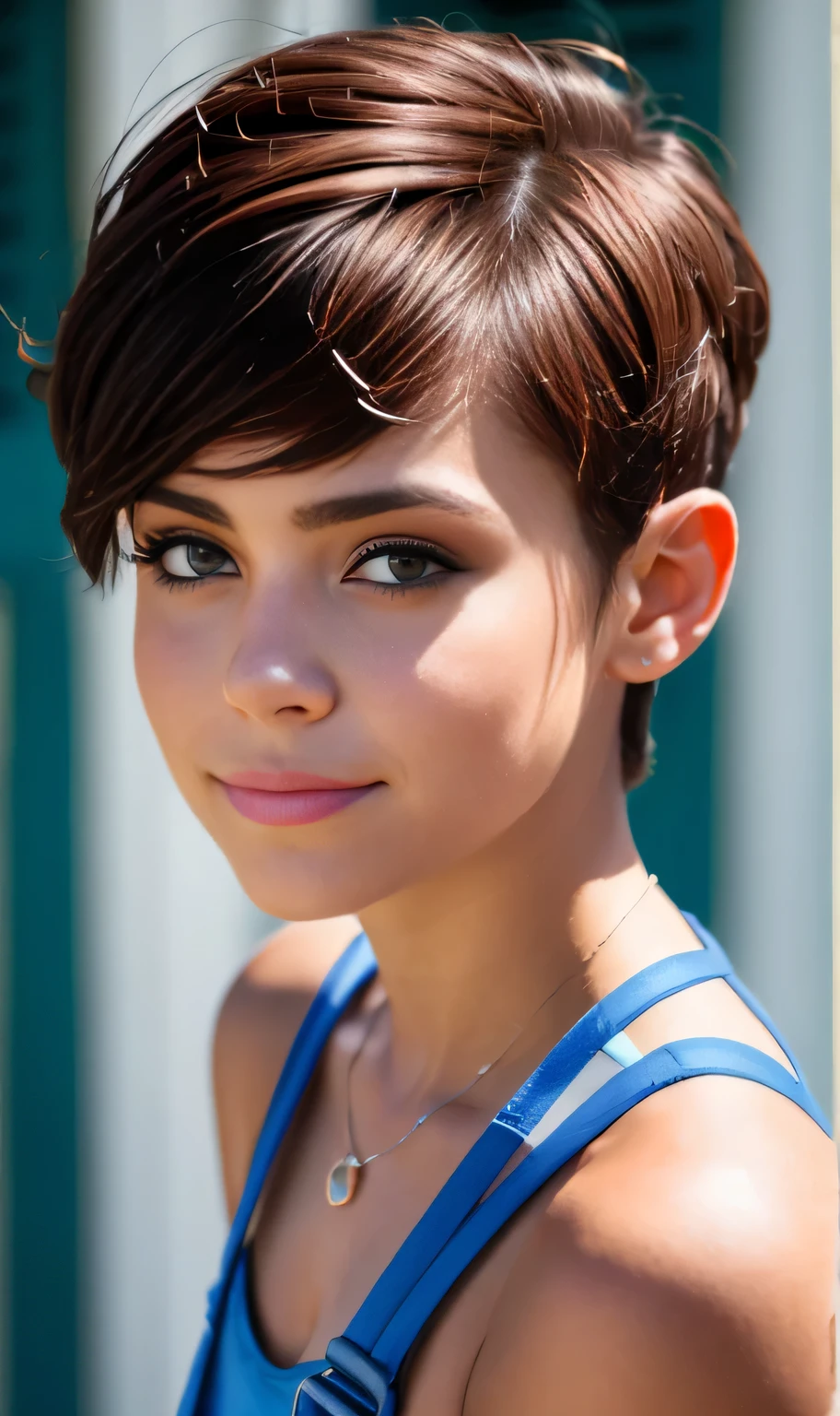 Photo of a 15 year old American girl., .CRUDO, Mujer hermosa,  light brown hair pixie , corte de cabello pixie , light brown hair((retrato)), ((Cara detallada:1.2)), ((rasgos faciales detallados)), (Piel Finamente detallada), pale skin , pecas en mejillas , ojos azules , 、un sexy(color fresco), wet, wet, Reflector pieza bonita) (proporciones perFectaotos realistas)(La mejor calidad) (Detallado) FotograFiado con una EOS R5 de Canon, lente de 50 mm, F/2.8, nffsw, (8K) (papel tapiz) (cinematic lighting) (dramatic lighting) (sharp focus) (Enrevesado) senos grandes , pechos grandes , pecas en mejillas , cuerpo completo , hermoso cuerpo de adolesente , posando sexy a la camara , posando de frente para la camara ,lindo maquillaje , gran sonrisa , Fondo variado , pecas en mejillas , aretes de clip , hermosos ojos azules , viste camiseta purpura sin mangas con imagen de calavera , cinturon blanco , falda color lila con patrones de cuadros , botas largas con tacon , 