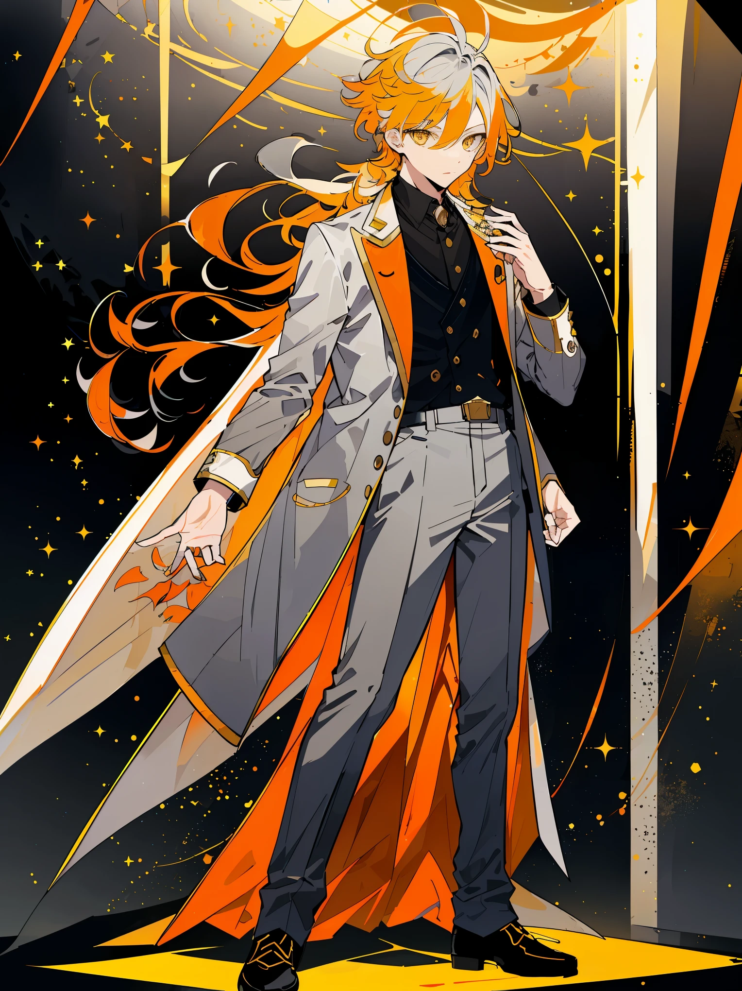 ((Full body)), (a boy), male role, beautiful boy, ((Armed band)), ((idol costume)), ((light yellow hair)), ((orange eyes)), ((grey clothes)), high quality, long hair