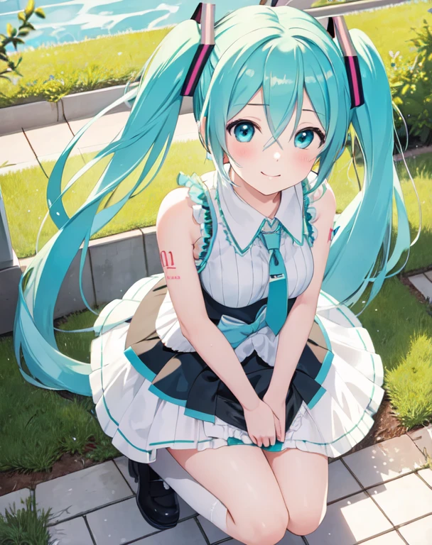 masterpiece, best quality, 1girl, hatsune miku, peeing on a doll