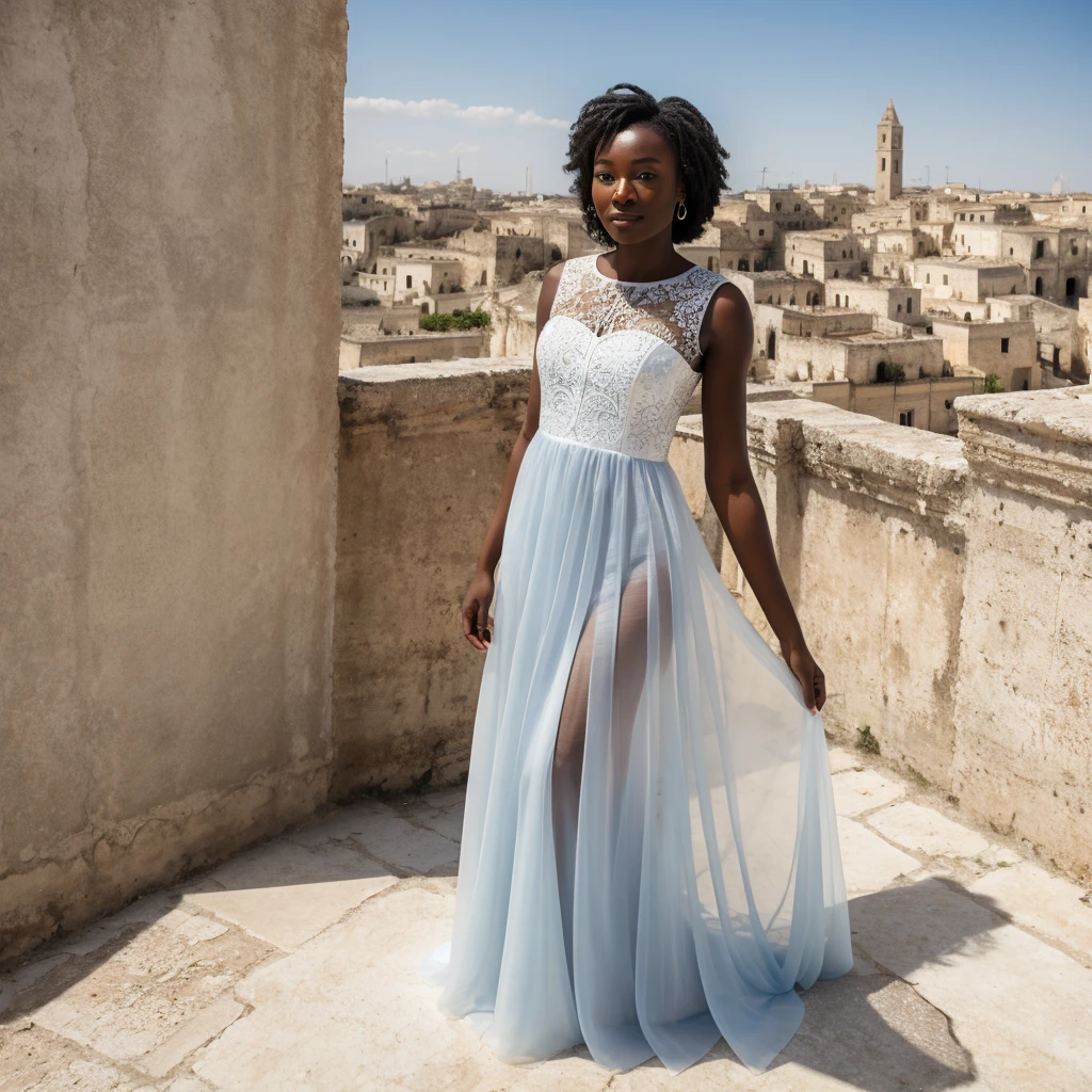 Nigerian Ebony woman in a white large transparent dress with ruined city of Matera in background, blue sky, rich colors, hyper realistic, lifelike texture