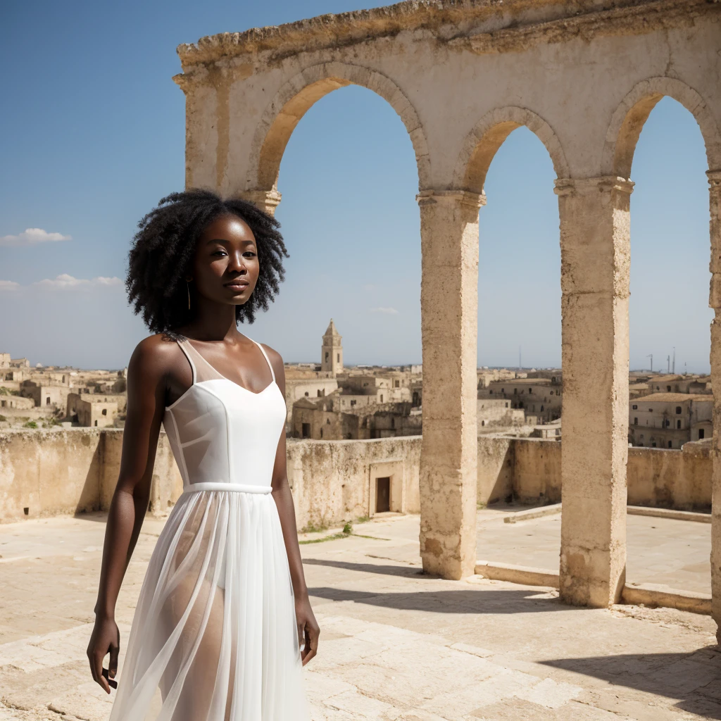 Nigerian Ebony woman in a white large transparent dress with ruined city of Matera in background, blue sky, rich colors, hyper realistic, lifelike texture