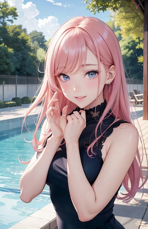masterpiece、highest quality、High resolution、high quality images、8K, 1 female、skin luster、Texture of skin and clothing、Expression of fine eyes、Shiny pink hair,long hair girl, Manga inspired by Lee Jong-suk, trending on deviantart, realism, detailed manga style, manga art style, perfect line drawing, beautiful line drawing, digital manga art girl, K-POPアイドル, dress, Beautiful blue eyes, plump lips, detailed gorgeous face, (cute smile), charm, innocent, Side view, (perfectly detailed face), (fine hands) photorealistic images, Depth of written boundary, half up hairstyle, warm sunshine,school swimwear,cloud,sky sky,sunset ,pool,The skin is delicate,