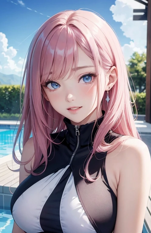 masterpiece、highest quality、High resolution、high quality images、8K, 1 female、skin luster、Texture of skin and clothing、Expression of fine eyes、Shiny pink hair,long hair girl, Manga inspired by Lee Jong-suk, trending on deviantart, realism, detailed manga style, manga art style, perfect line drawing, beautiful line drawing, digital manga art girl, K-POPアイドル, dress, Beautiful blue eyes, plump lips, detailed gorgeous face, (cute smile), charm, innocent, Side view, (perfectly detailed face), (fine hands) photorealistic images, Depth of written boundary, half up hairstyle, warm sunshine,school swimwear,cloud,sky sky,sunset ,pool,The skin is delicate,