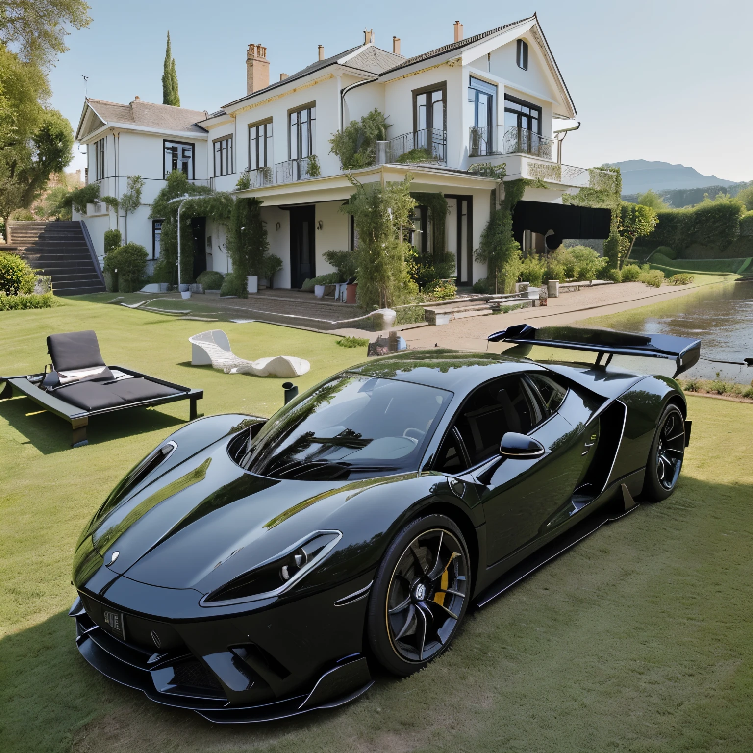 super car in the garden. the house. near the river