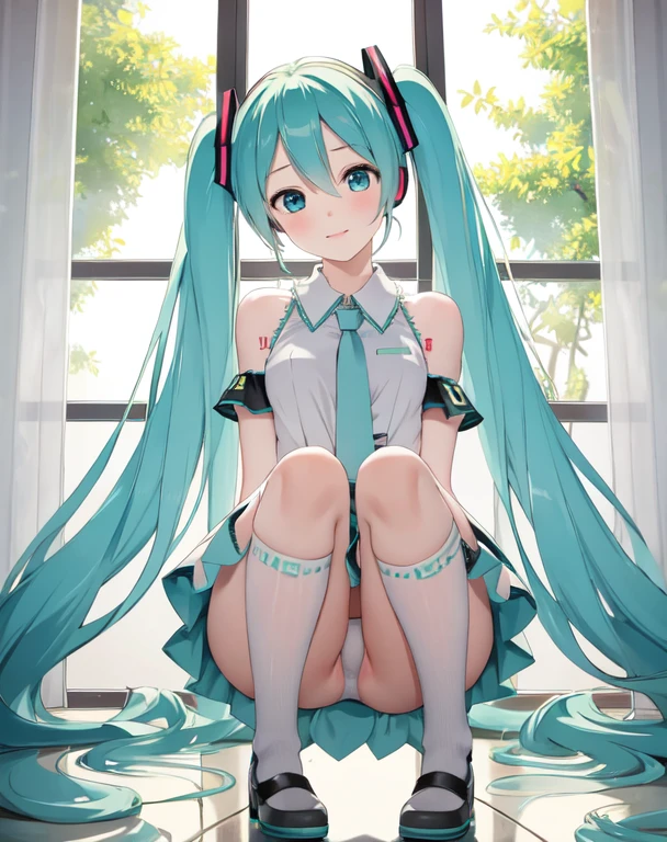 masterpiece, best quality, 1girl, hatsune miku, peeing on a doll, a doll being peed on