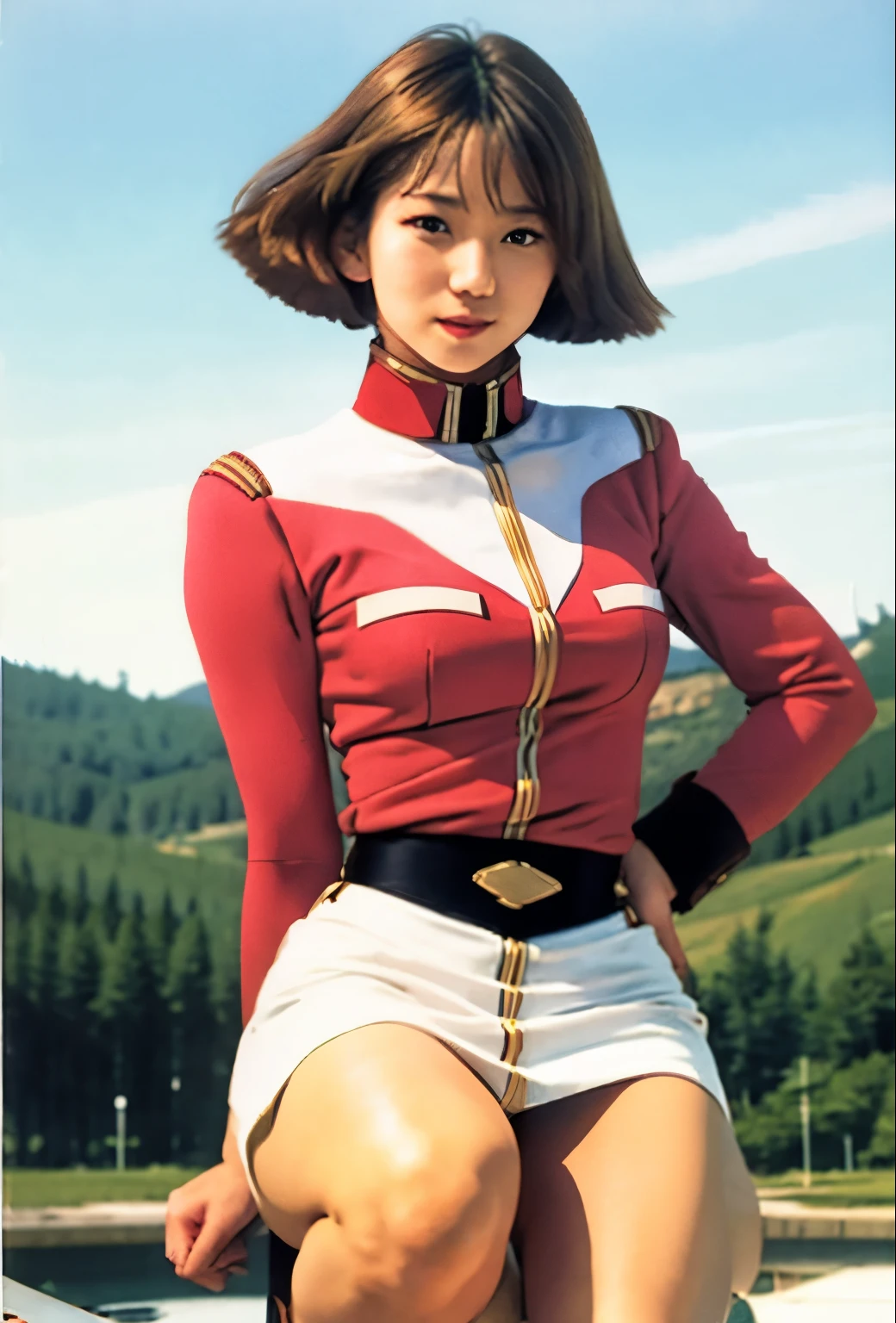 real photos、landscape in canvas、（white panties:1.3）、Sunny、squat、Highest imYear quality、Beautiful woman、beautiful thighs、（silk panties:1.3）beautiful face、real imYear、federal army uniform miniskirt、ponytail、lift the skirt。、showing white pantiesー、Yuriko Yoshitaka、16Year日本人女性、lady. bow、pretty girl、white pantiesーが丸見え、1６Year、（white pantiesー:1.3）、super mini skirt、beautiful thighs、white pantiesー、赤いミニスカートがめくれてwhite pantiesーが見えてる