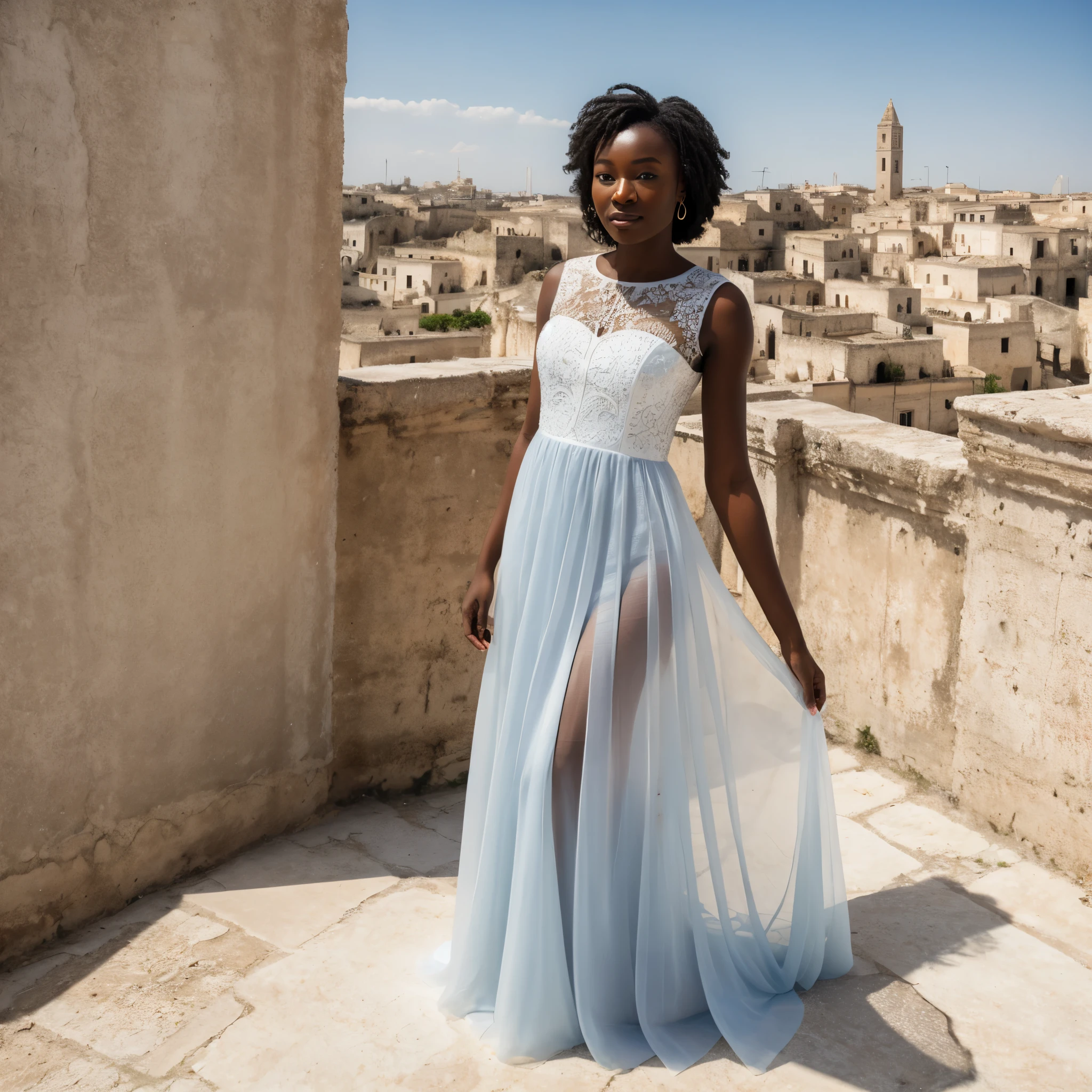 Nigerian Ebony woman in a white large transparent dress with ruined city of Matera in background, blue sky, rich colors, hyper realistic, lifelike texture