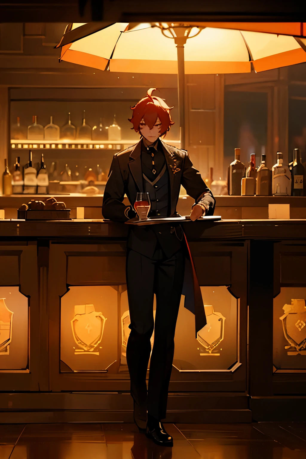 FULL BODY, head to toe illustration of diluc from genshin impact in a modern outfit working as a bartender. detailed bar background with characters, tables, bottles and more. atmospheric lighting. seductive atmosphere.