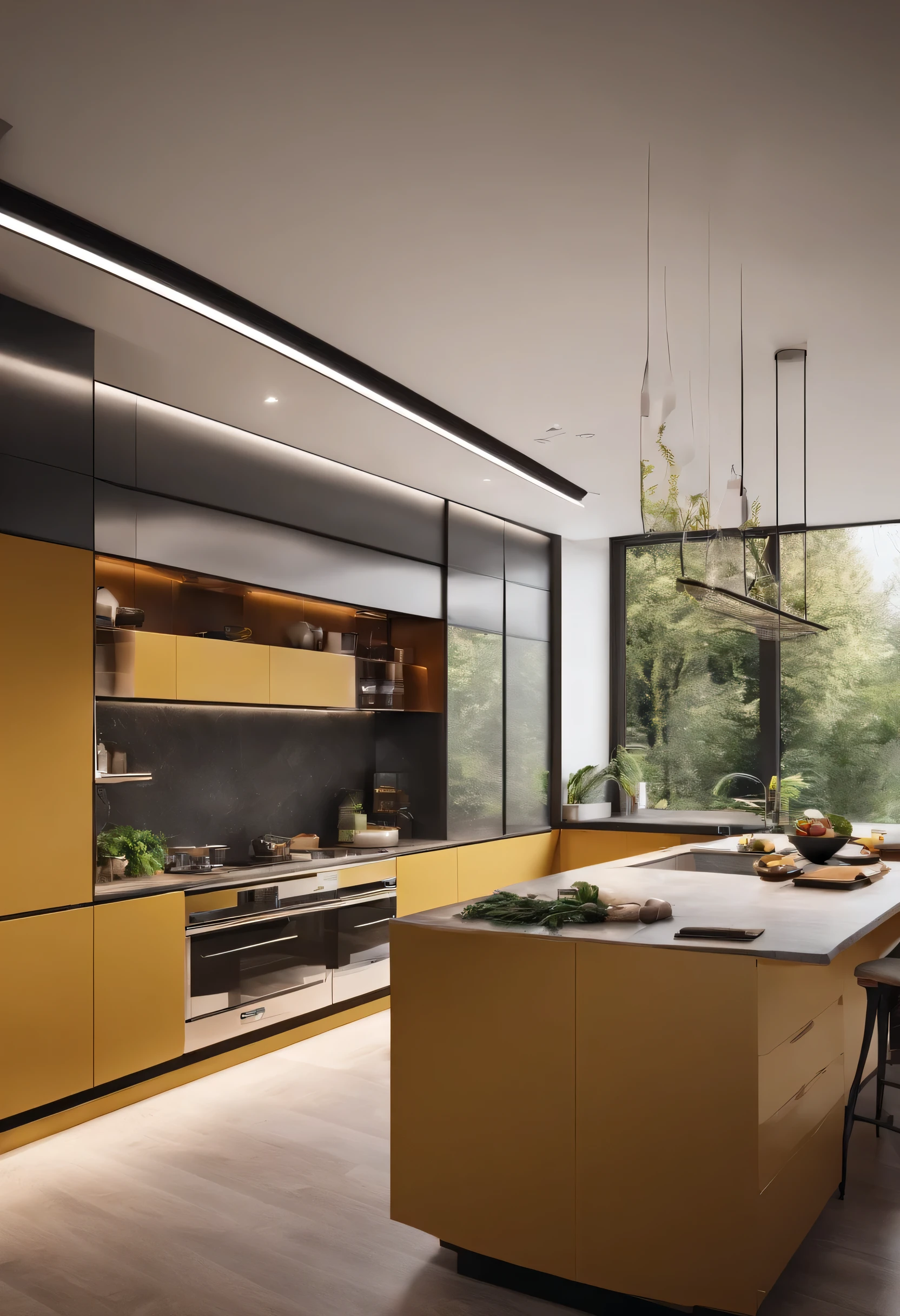 modern kitchen，Gorgeous renovation，refrigerator，cupboard，Wide scene，in a panoramic view，From the outside, hyper HD, High details