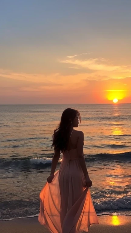 Beautiful sunset with the coastline as a backdrop、The video depicts a hostess in a vibrant dress relaxing on the beach.。around her、Golden sandy beach illuminated by the setting sun、Please express it so that you can feel the graceful sea breeze.。The hostess is posing gracefully and looking at the sea.、Her hair flutters in the sea breeze、It shines in harmony with the sunset in the background.。The sound of the ocean and the beautiful colors of the sunset、Please express the scene of quietly embracing the dream world of the hostess.。