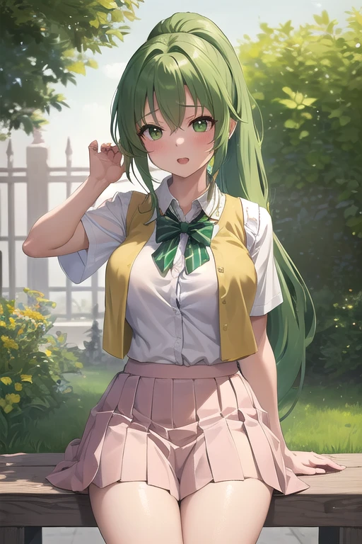 masterpiece, highest quality, Super detailed, 1 girl,  Mion Sonozaki, green hair, green eyes, ponytail, surprise、blush、open your mouth、white shirt,The chest is open、I can see your bra, yellow vest, red mini skirt、thighs、full body shot