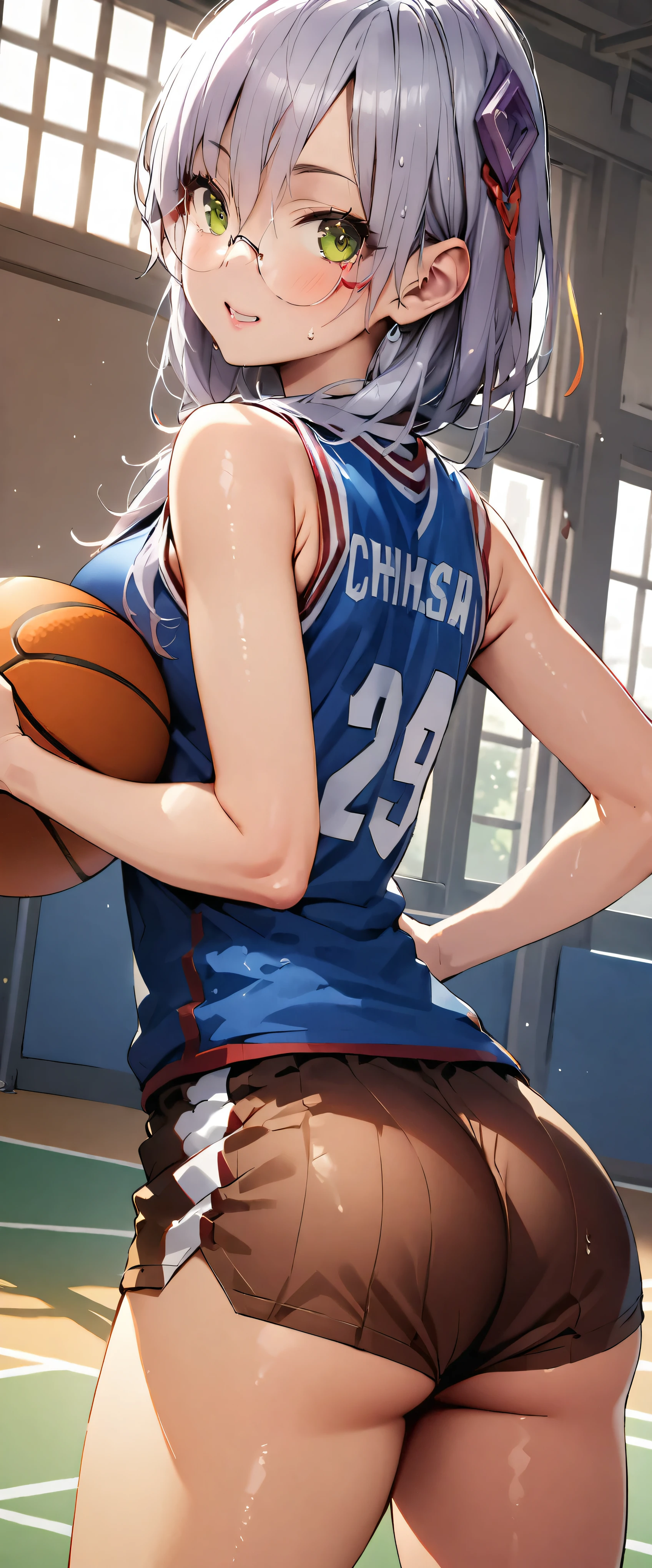 (masterpiece,highest quality,超A high resolution),japanese woman, (((Very beautiful 25 year old girl))), pretty girl、look at the photographer、 (()), super cute face, glossy lips, double eyelids in both eyes,natural smile、 natural makeup, long eyelashes, Shiny and smooth hair、center image, perfect limbs, perfect anatomy,(((basketball sleeveless uniform)))、,(wet with sweat),,turn around and look back,basketball court