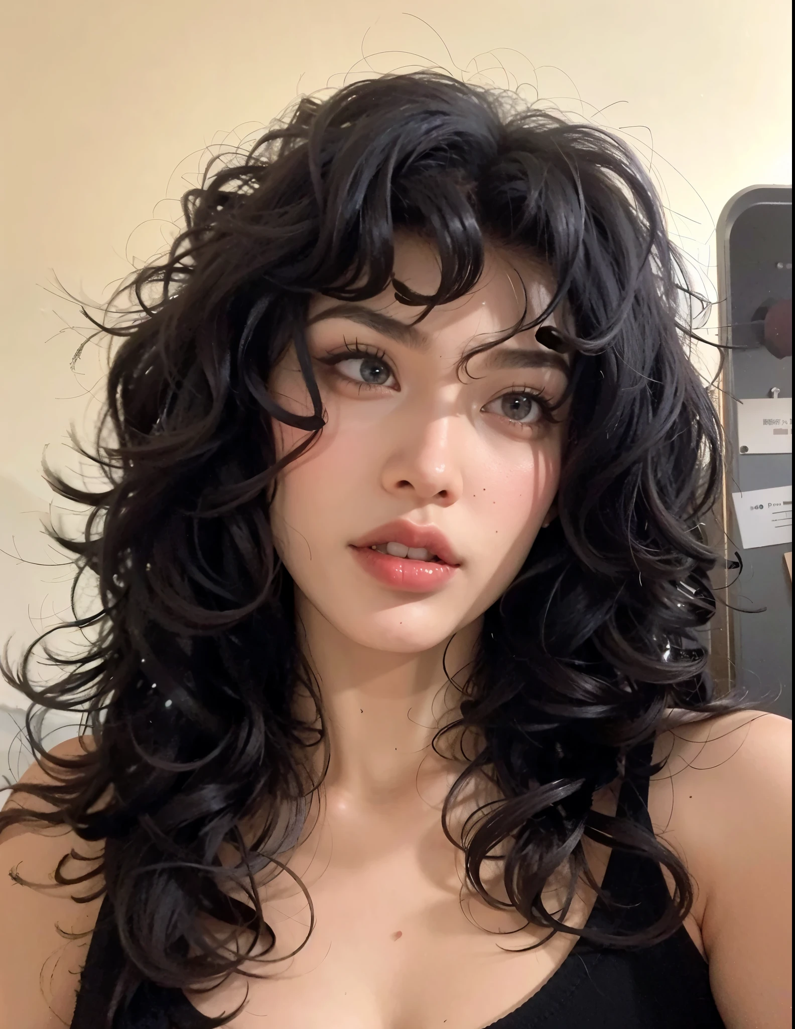 a close up of a woman with cabelo longo e encaracolado wearing a black dress, franja encaracolada, cabelo preto ondulado com franja, cabelo preto longo e encaracolado, long and messy curly hair, with cabelo longo e encaracolado, cabelo preto longo e cacheado, com longos cacheados, black cabelo longo e encaracolado, franja e cabelos ondulados, cabelo longo e escuro cacheado, cabelo longo e encaracolado, cabelo longo com franja completa