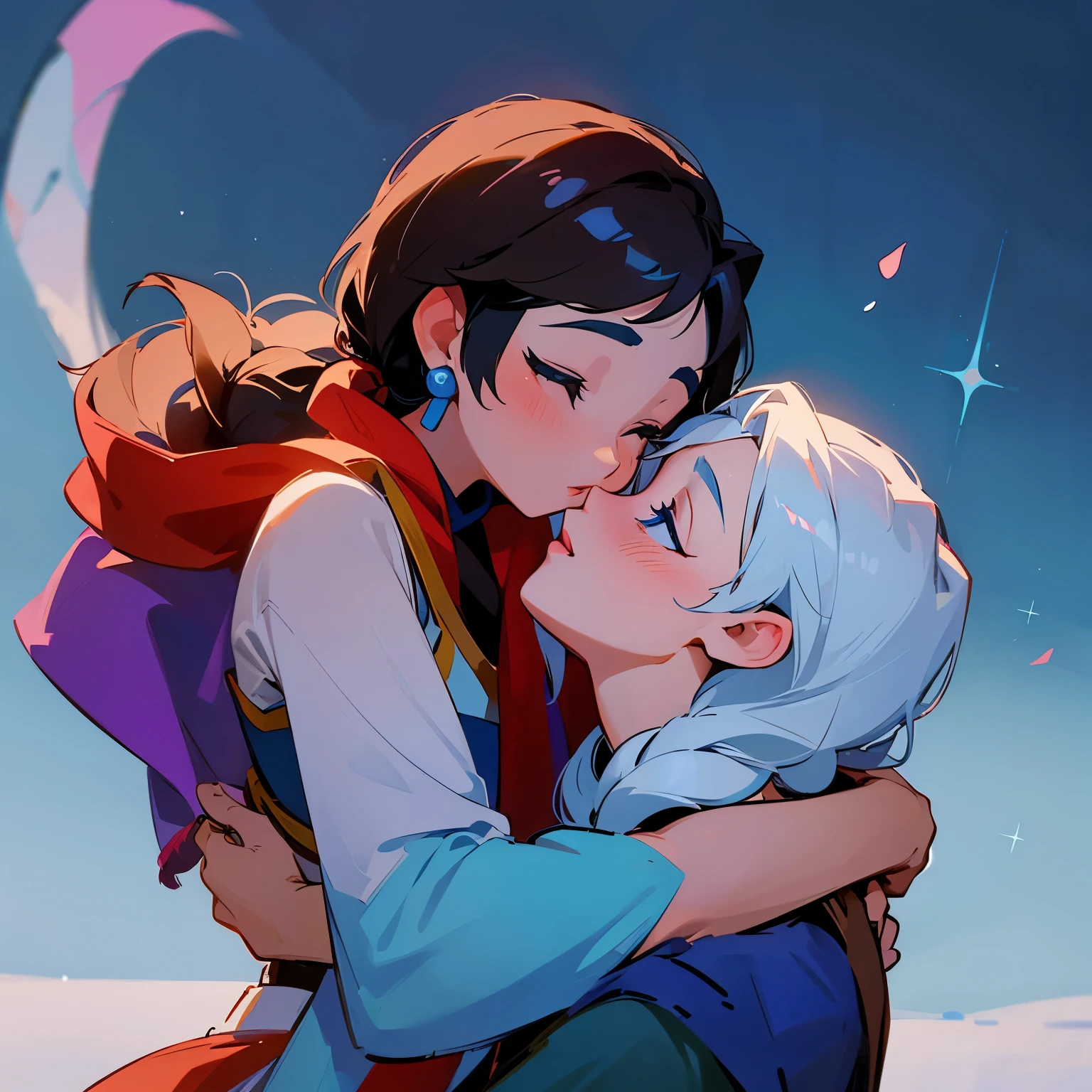 Make a cartoon picture of Anna of Frozen and Aladdin kissing