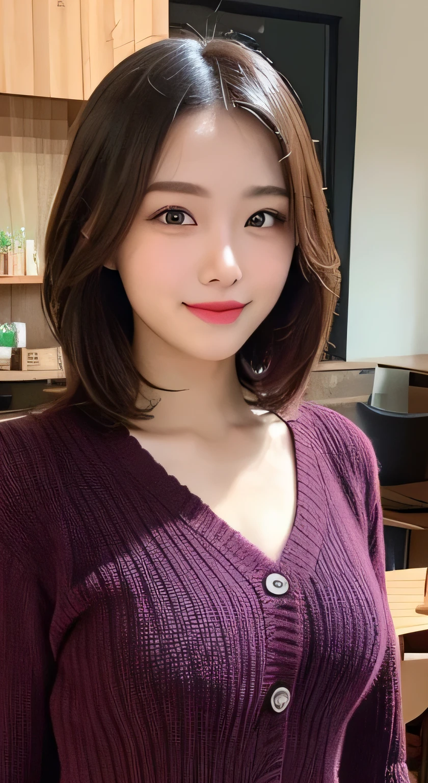 table top, highest quality, figure, full body photo,Super detailed, small details, High resolution, 8k wallpaper, Perfect dynamic composition figure, detailed and beautiful eyes, long sleeve knit,shoulder extension,bob hair, middle of chest, natural color lips, random sexy poses,smile,20 year old girl,Huge ,coffee shop,bitter,chest enhancement