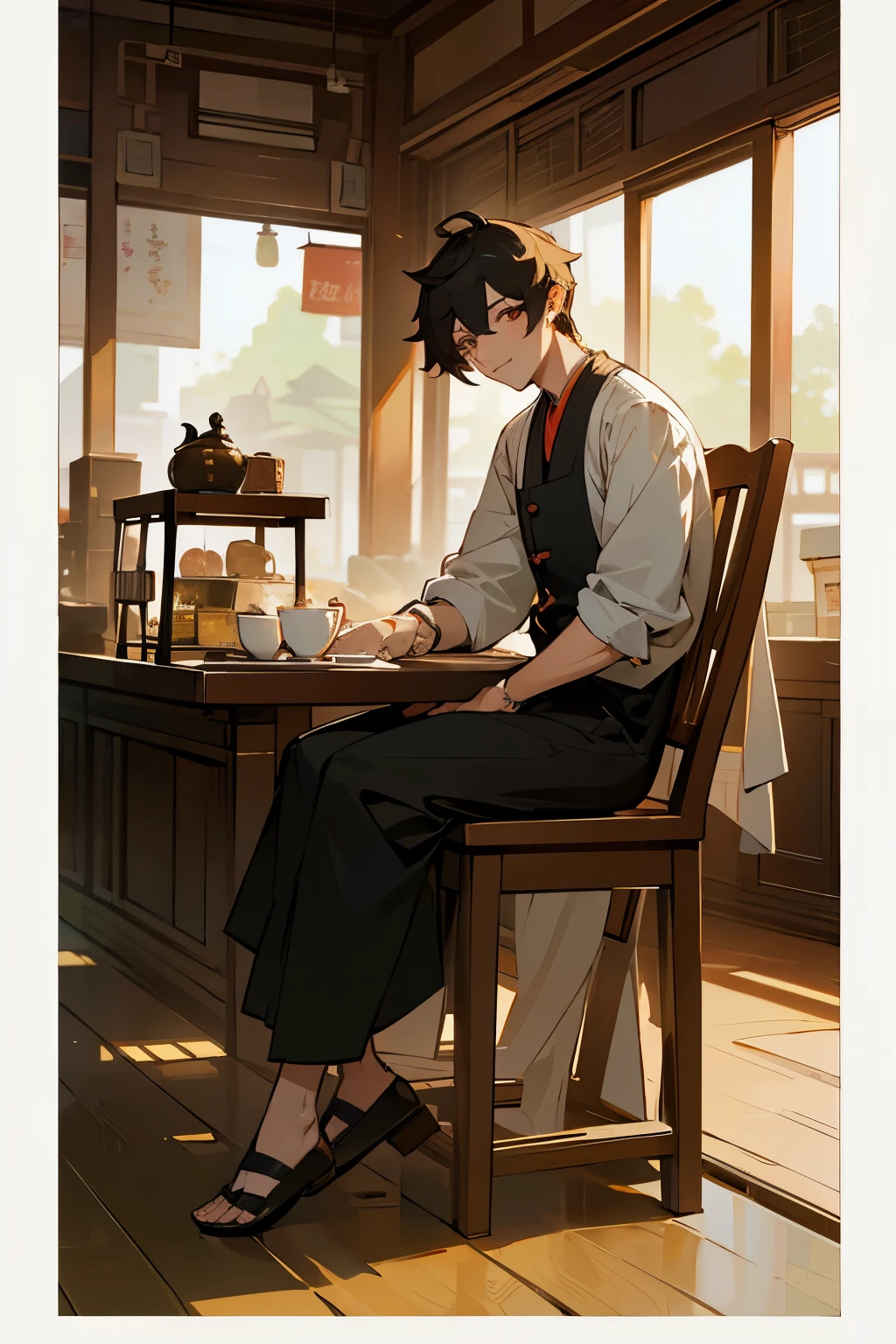 FULL BODY, head to toe illustration of zhongli from genshin impact in a modern everyday outfit working at a tea shop, coming to serve the viewer tea. he's mature and very attractive, unintentionally seductive. Capture the serene ambiance of the tea shop in the detailed background of the illustration.