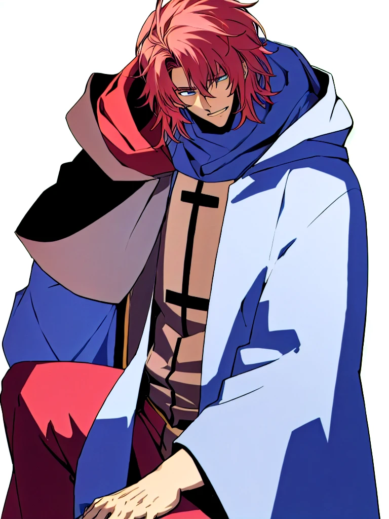 ((Character, best quality: 1.5, masterpiece, 8k detailed: 1.5, white background, flat colors, anime)), solo: 2, 1boy, adult, hooded cloaked man smirking, sitting on a chair, dark light, combed hair, dark colors, cross-arm, hood on, close up shot, face view, upper body, edgCultist