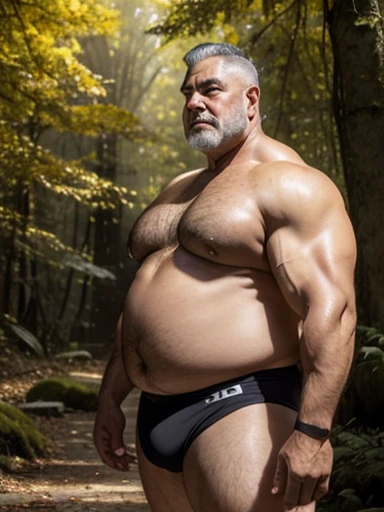   hombre peruano muy obeso y muy musculoso, very sweaty very old silver haired extremely muscular and extremely fat over 70 years old , de 600 libras de peso, with very large and very flaccid pectorals with extremely large and pointed nipples,  with muscles flexed, culturista, In a forest in autumn  , usando una tanga diminuta de encaje rojo 